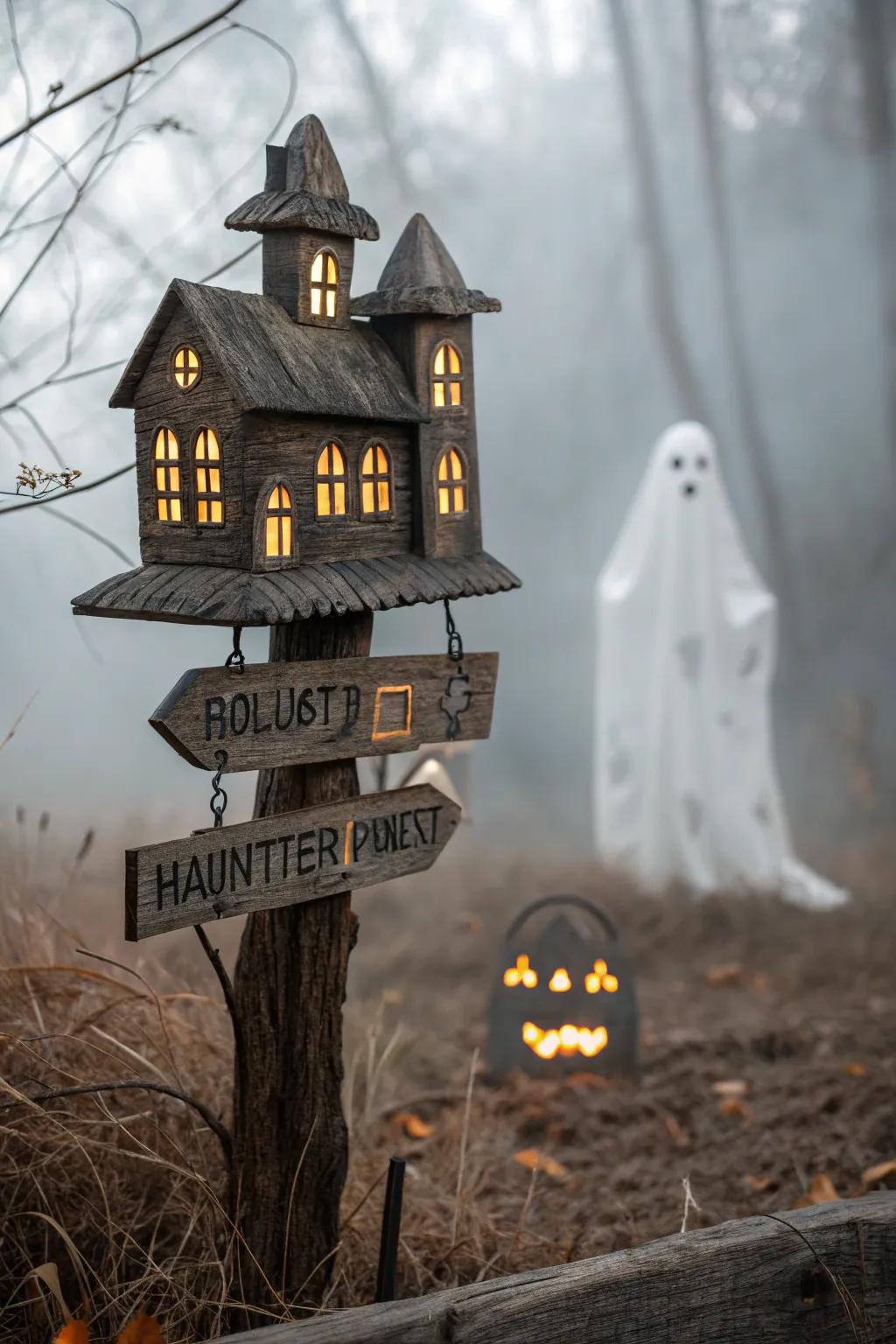 A haunted house silhouette sign that adds depth and spookiness.