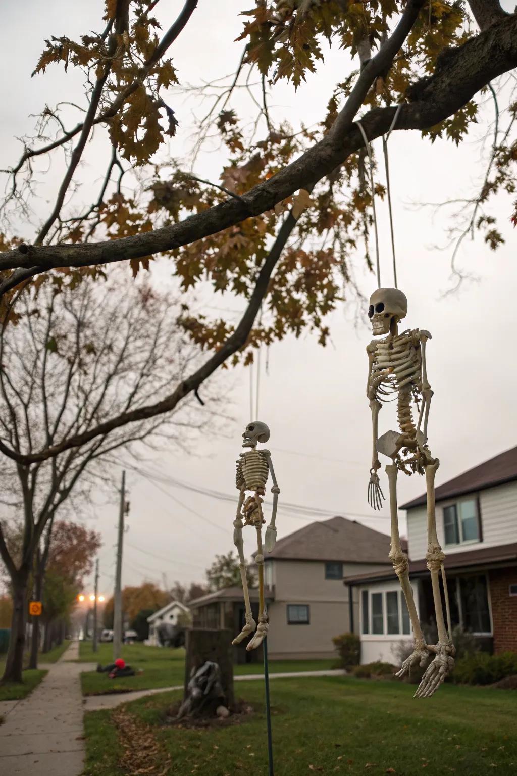 Hanging skeletons bring a carefree and fun atmosphere to your Halloween yard.