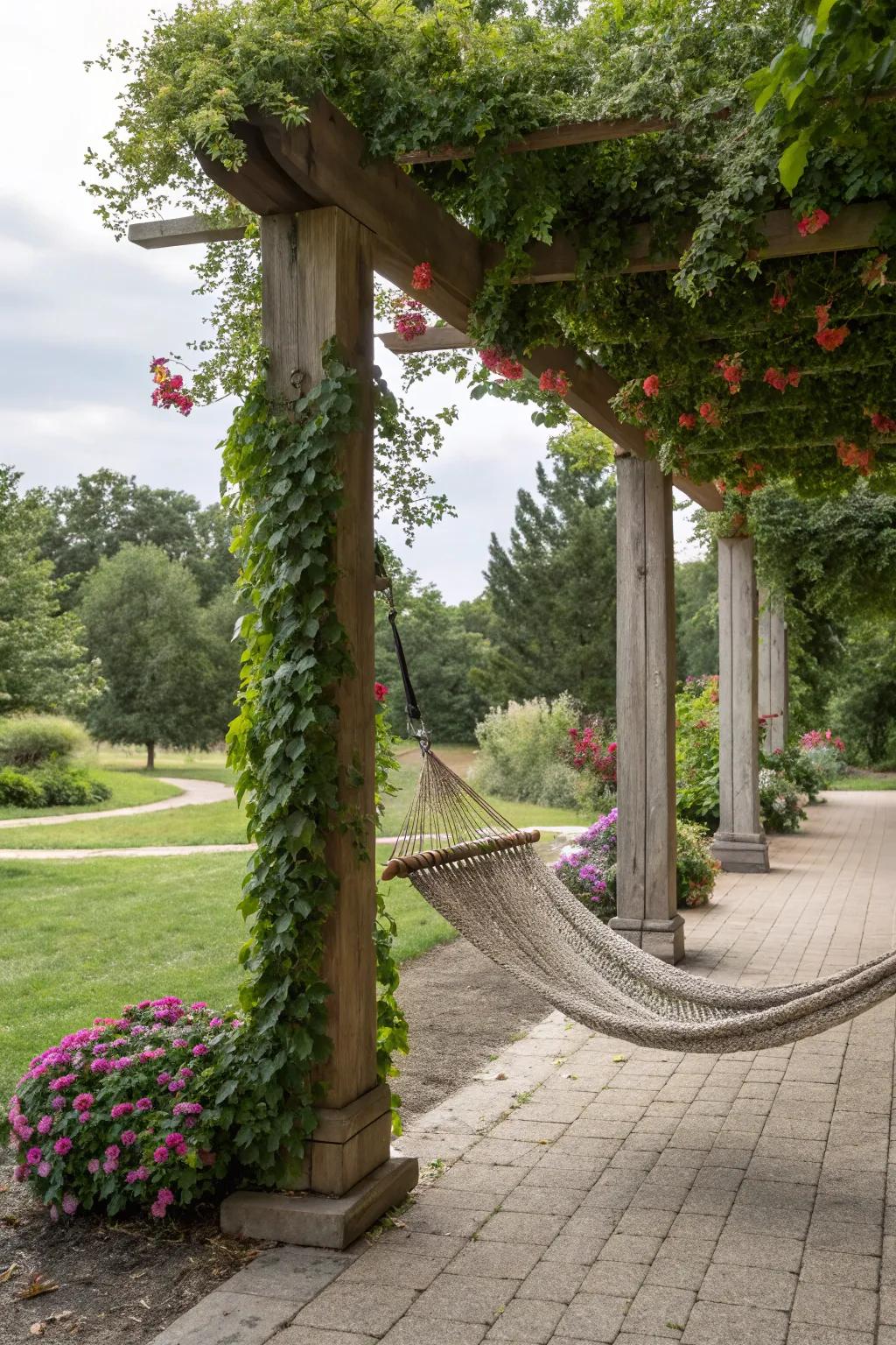 A plant-filled trellis offers shade and a lush atmosphere.