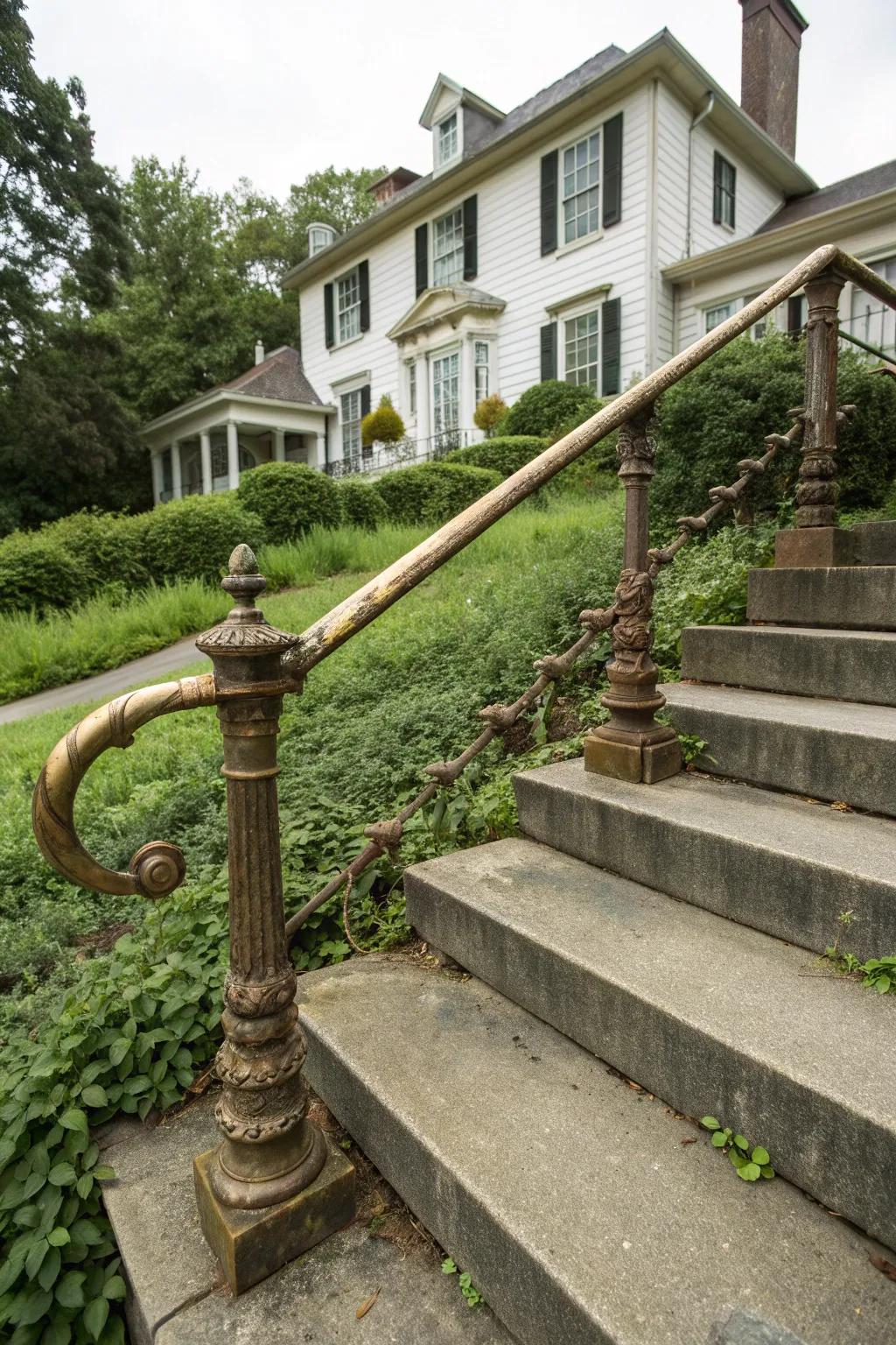 Brass handrails add a vintage charm to these steps.