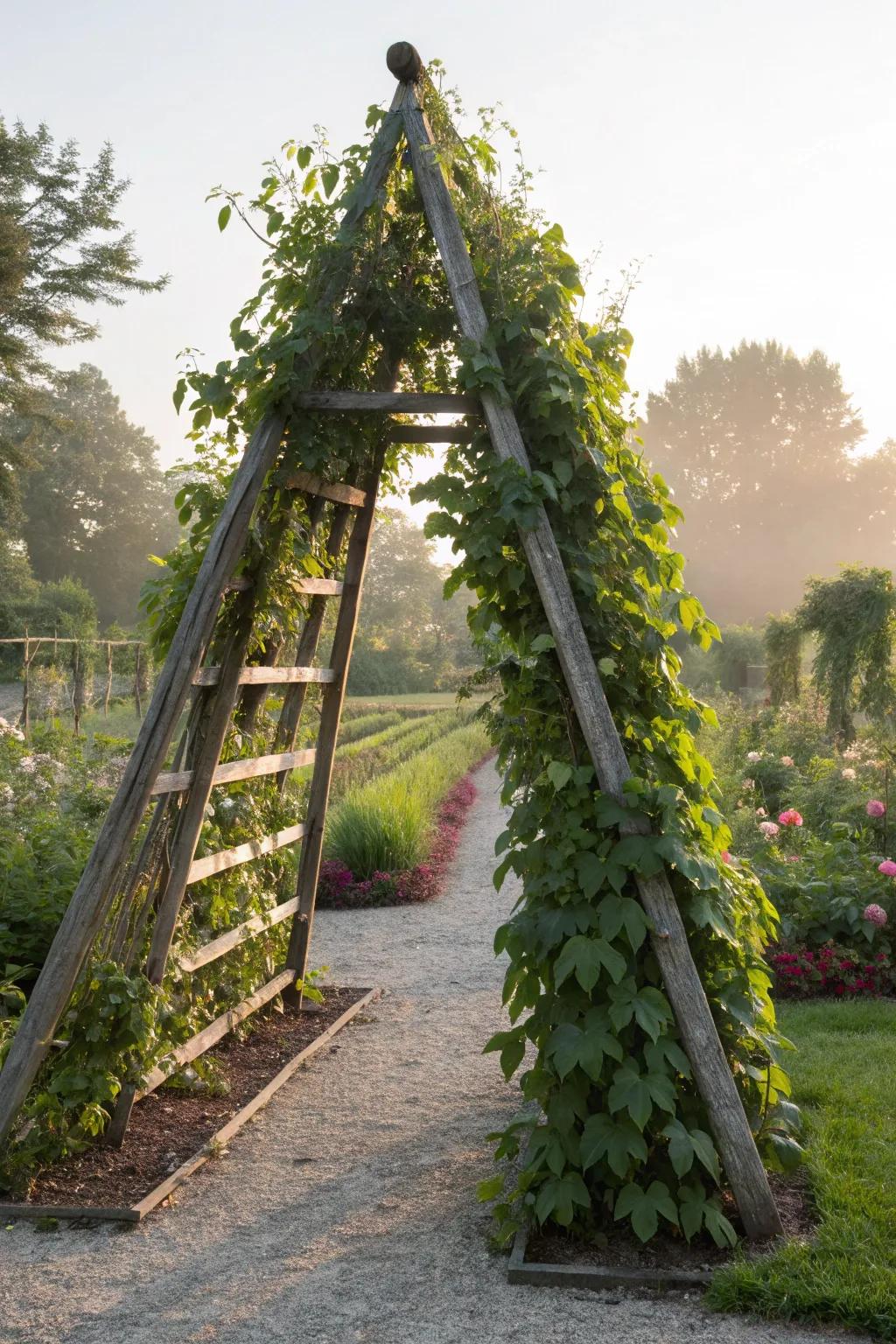 An A-frame garden structure lush with climbing plants.