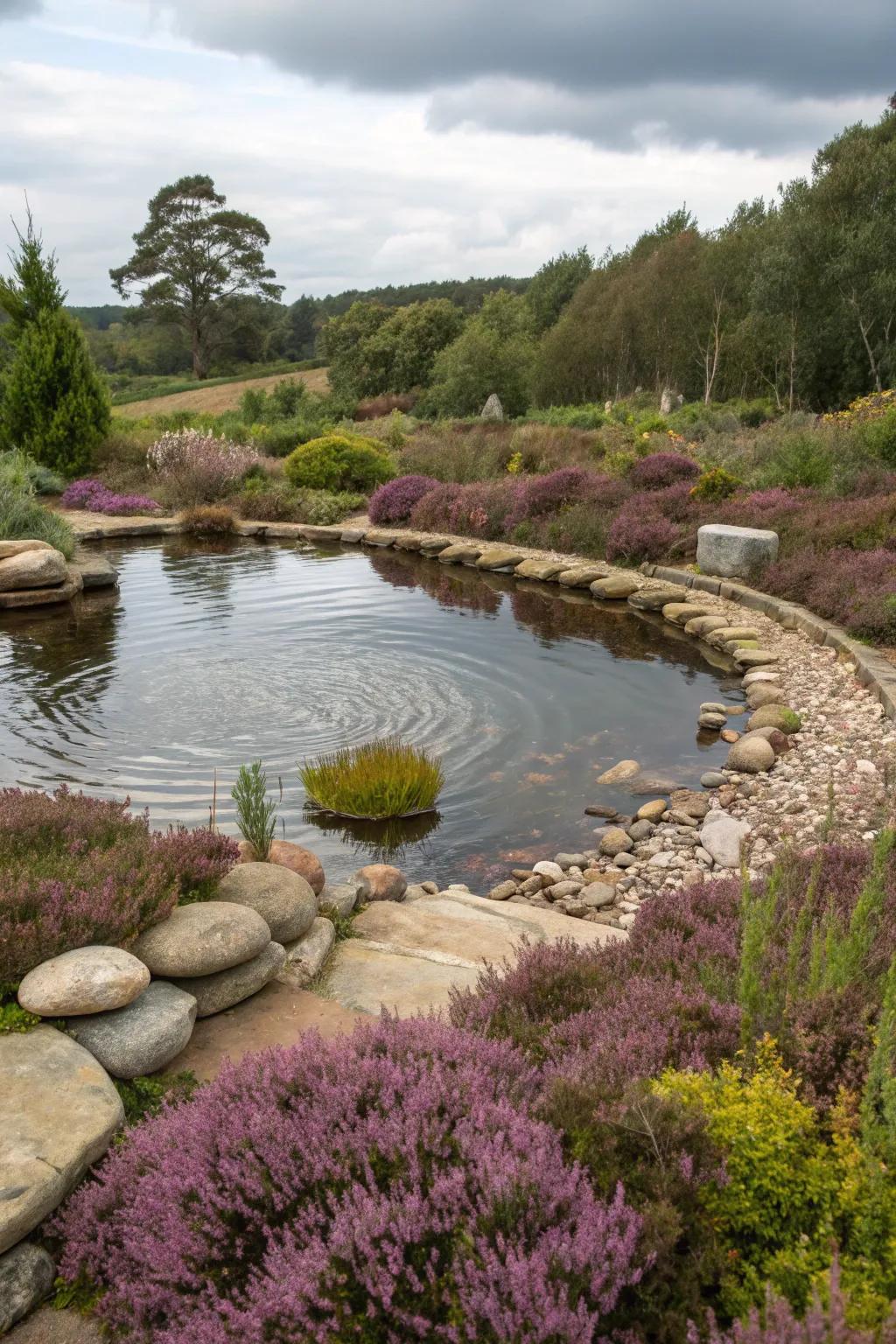 A tranquil garden pond accented by colorful heathers.