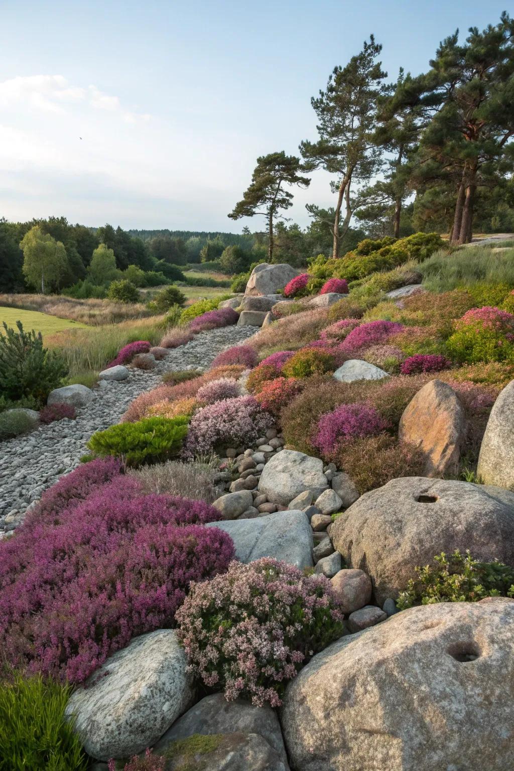 Heathers adding color to a rock garden.