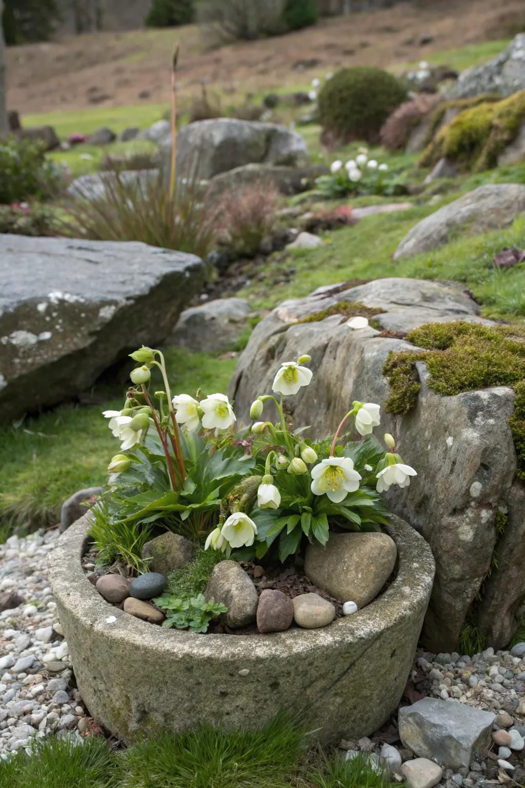 Natural stone planters add rustic charm to hellebore arrangements.