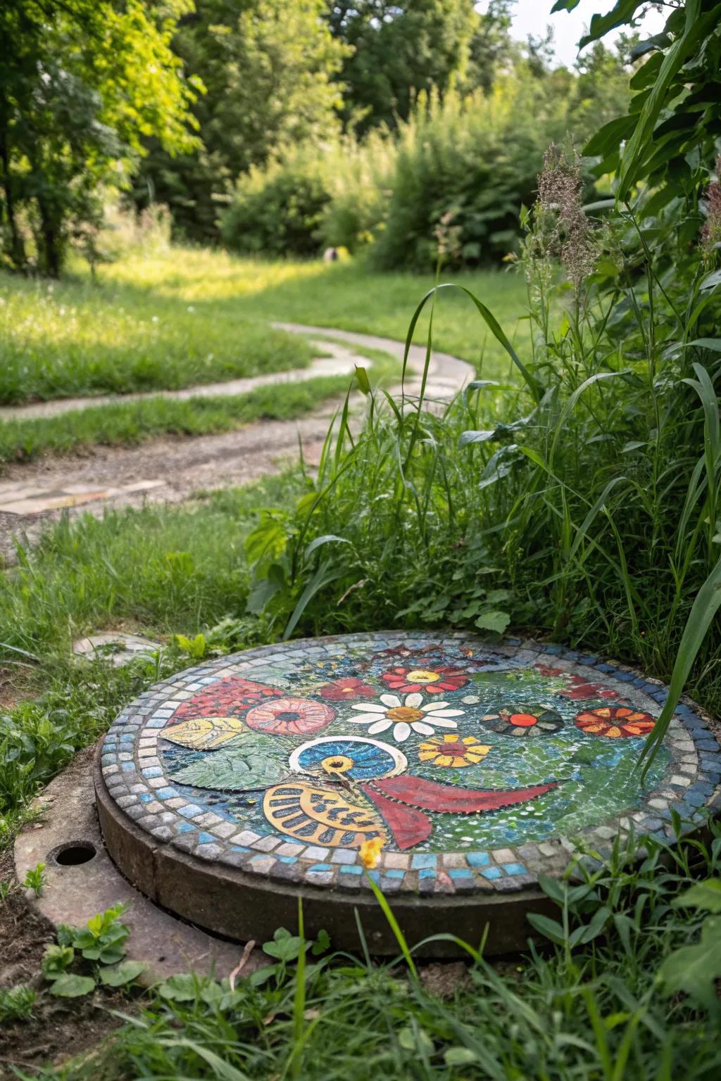 A mosaic lid cover turns a septic tank into a colorful piece of garden art.