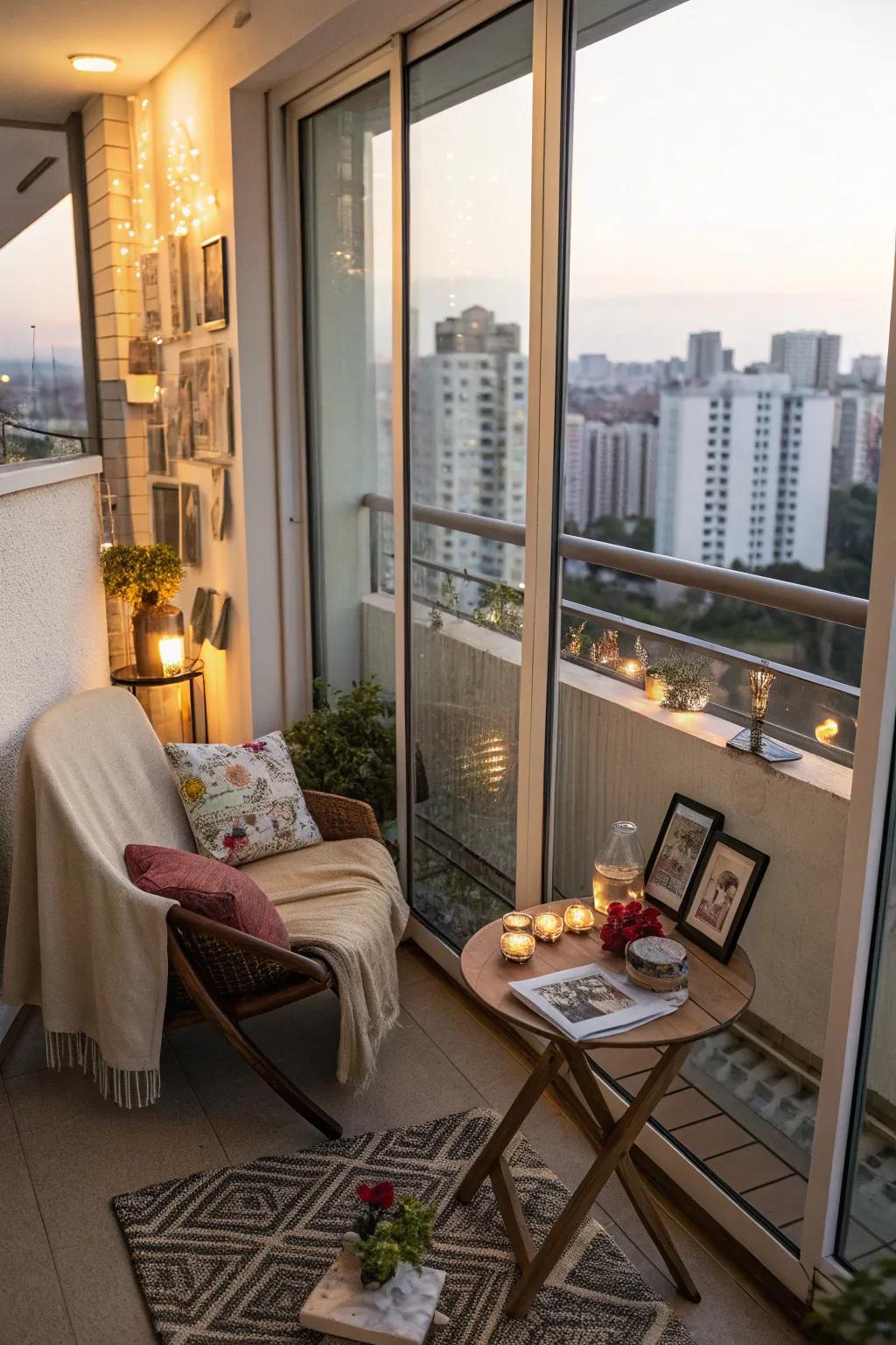 Personal touches and art pieces add character to this high-rise balcony.