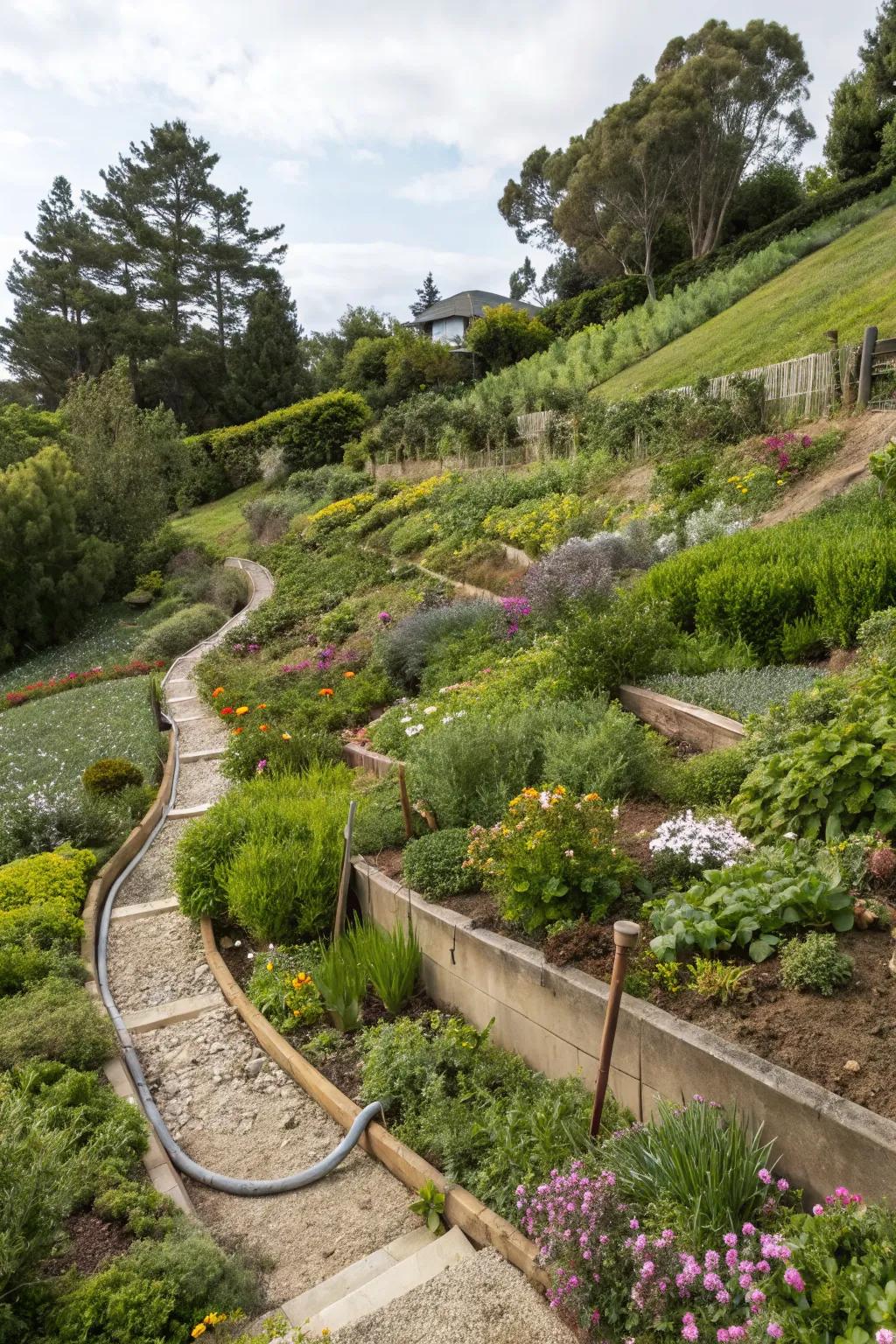 Efficient drainage keeps your hillside garden thriving.