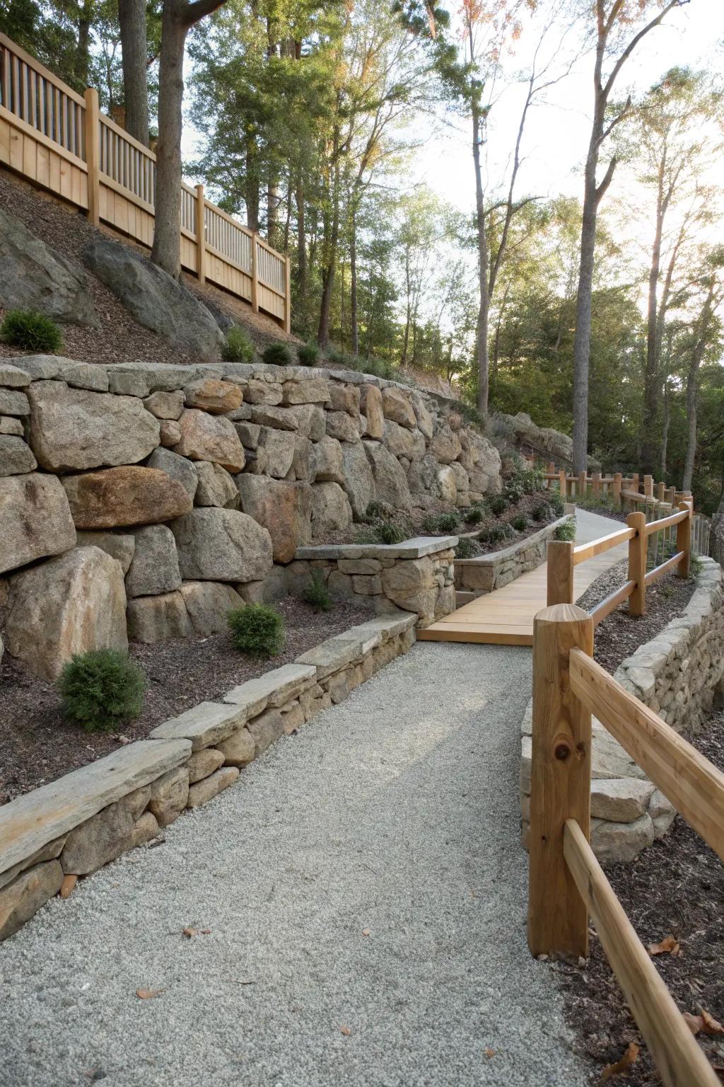 Mixed materials add texture and contrast to this dynamic retaining wall.