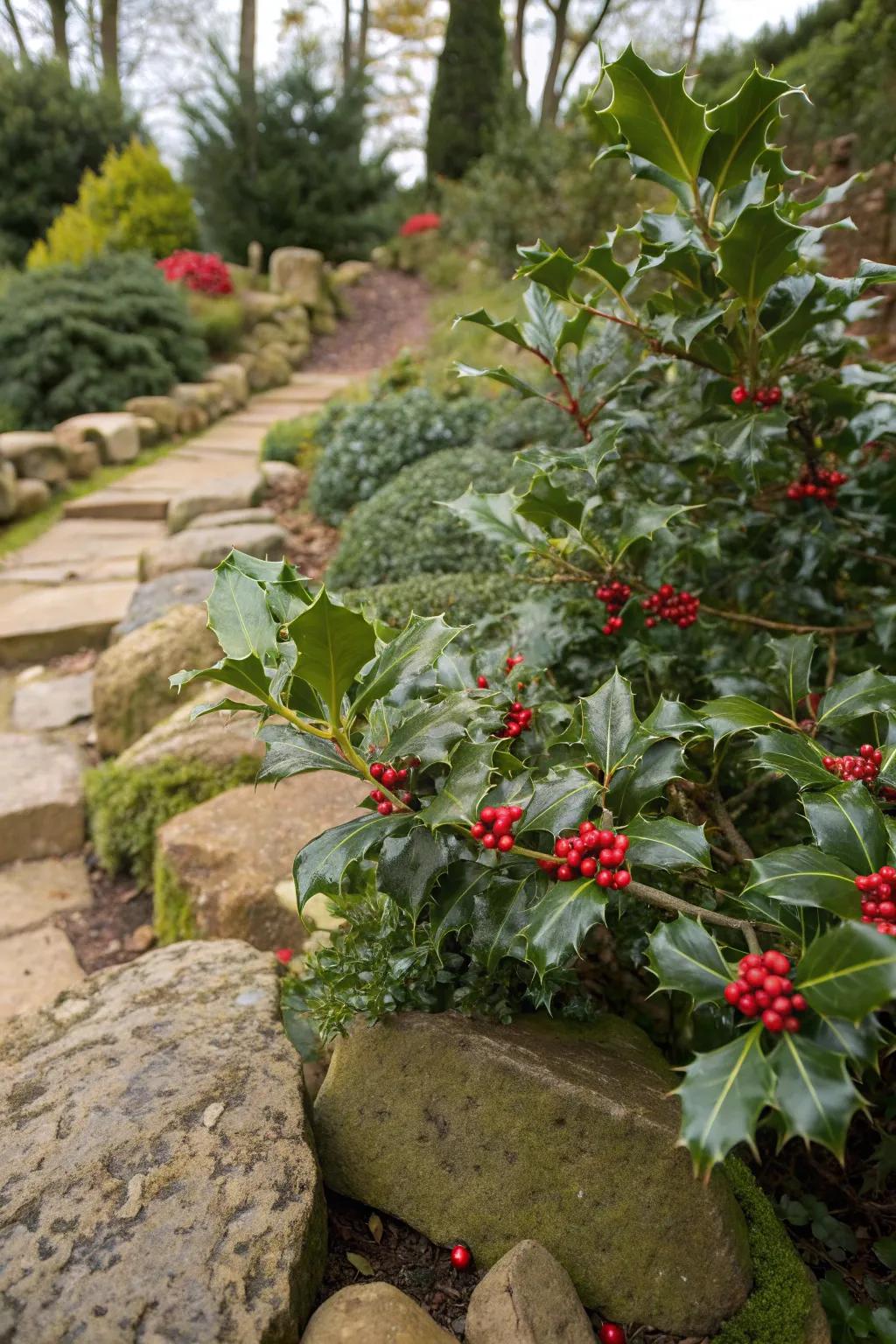 Holly bushes adding color to a rock garden.