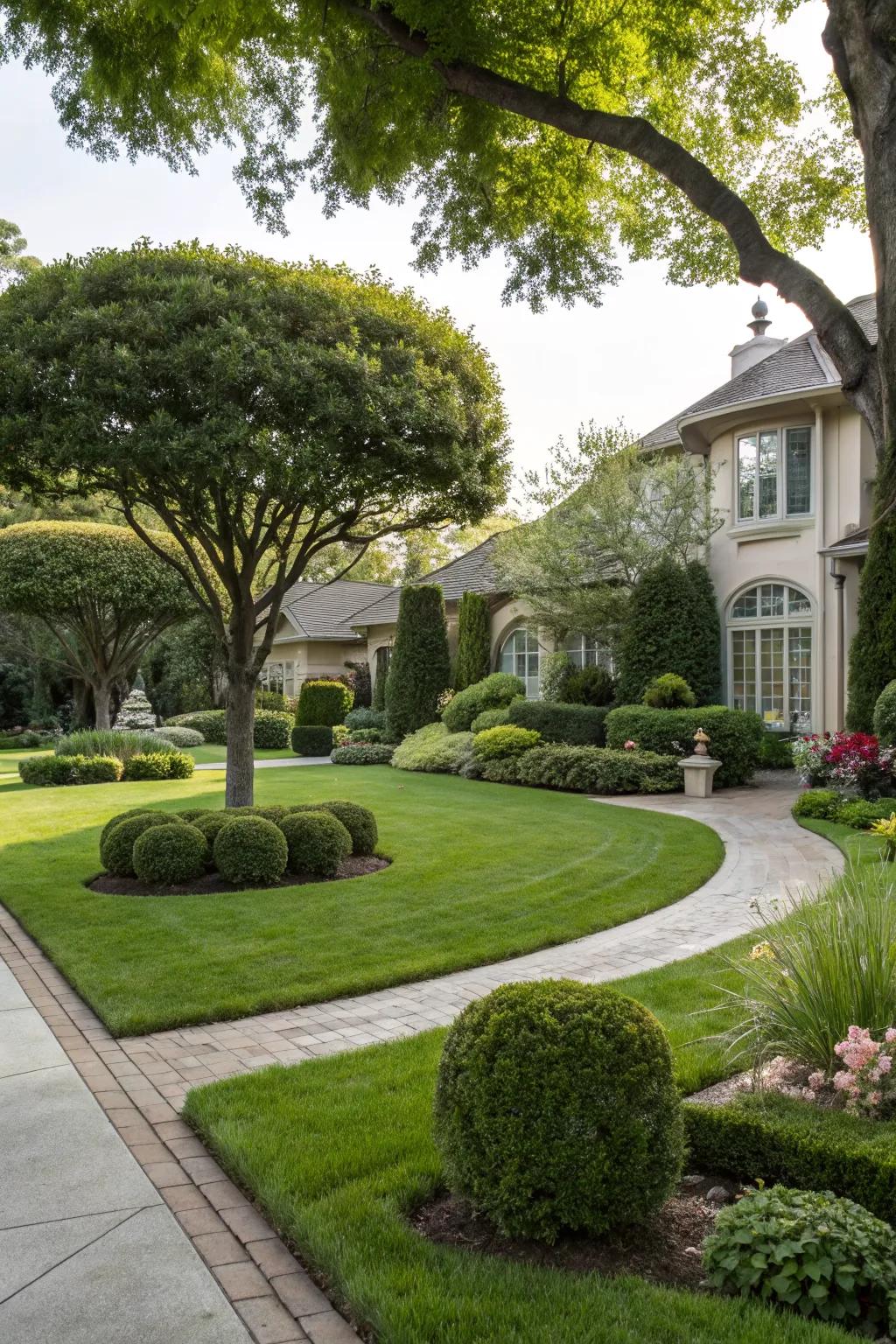 Ornamental trees adding structure and beauty to the front yard.