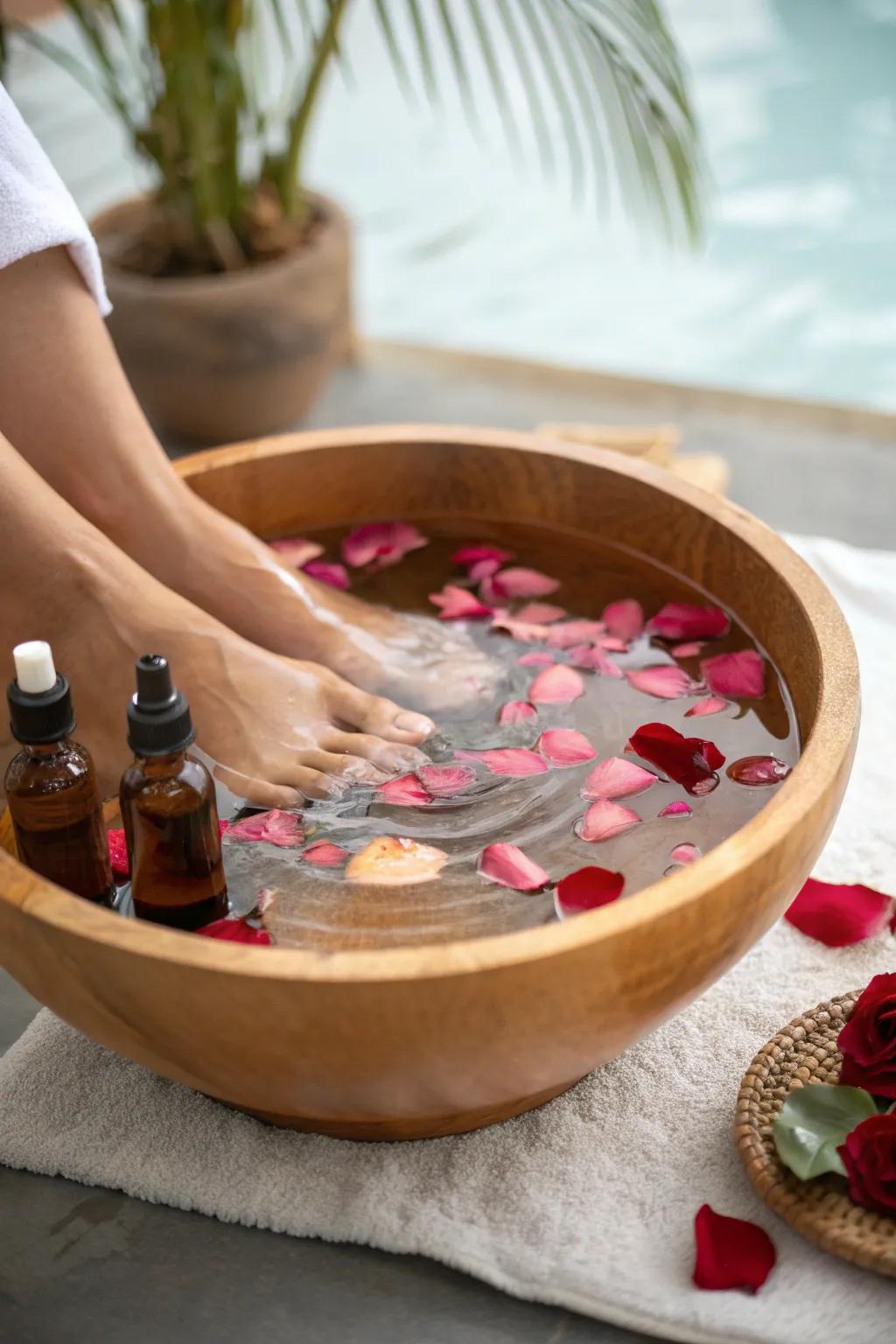 Relax with a comforting foot soak and massage.