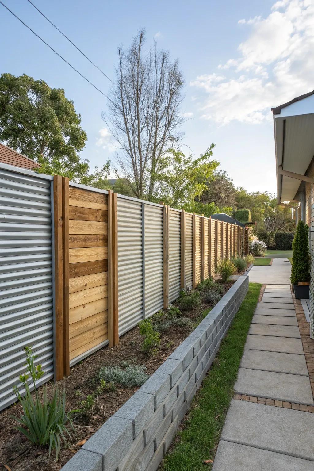 Vertical accents add visual interest to a horizontal corrugated metal fence.