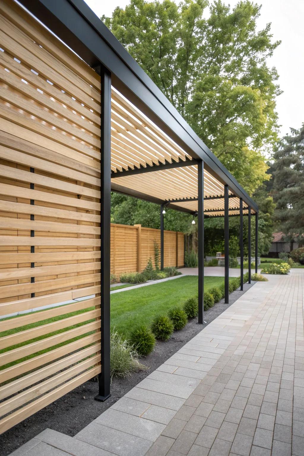 Striking contrast with light wood and black metal posts.