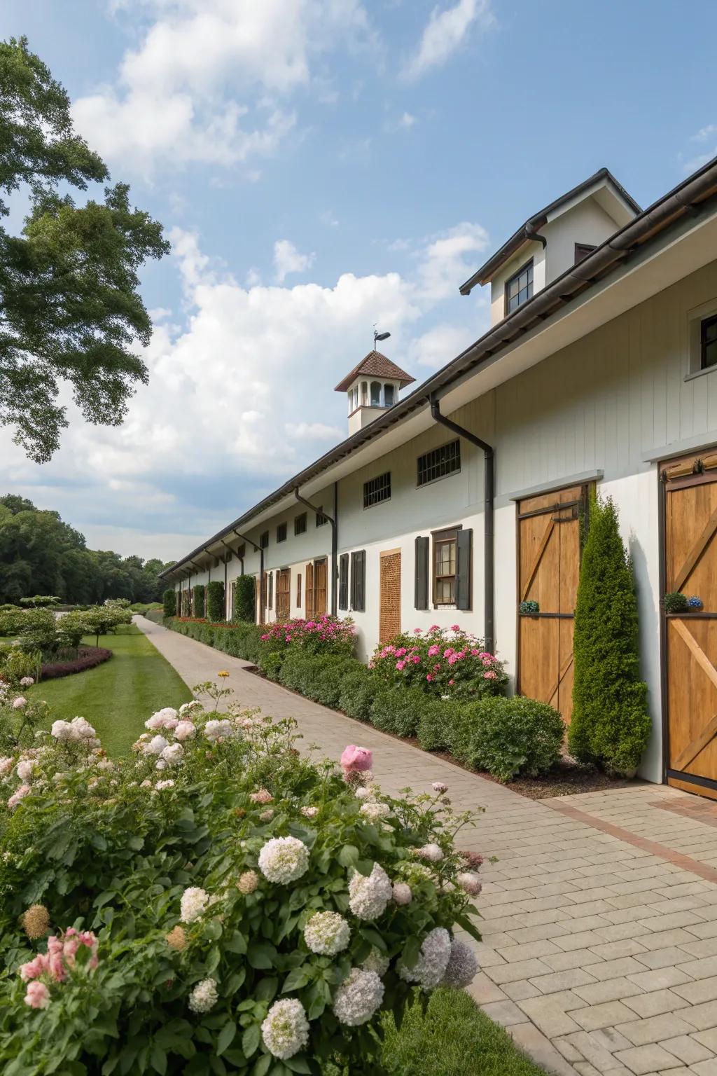 Stunning stable exteriors with lush landscaping