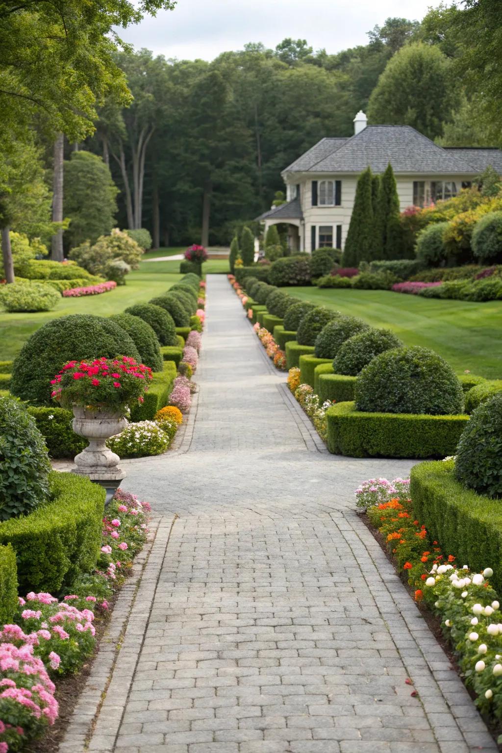 Symmetrically landscaped horseshoe driveway.