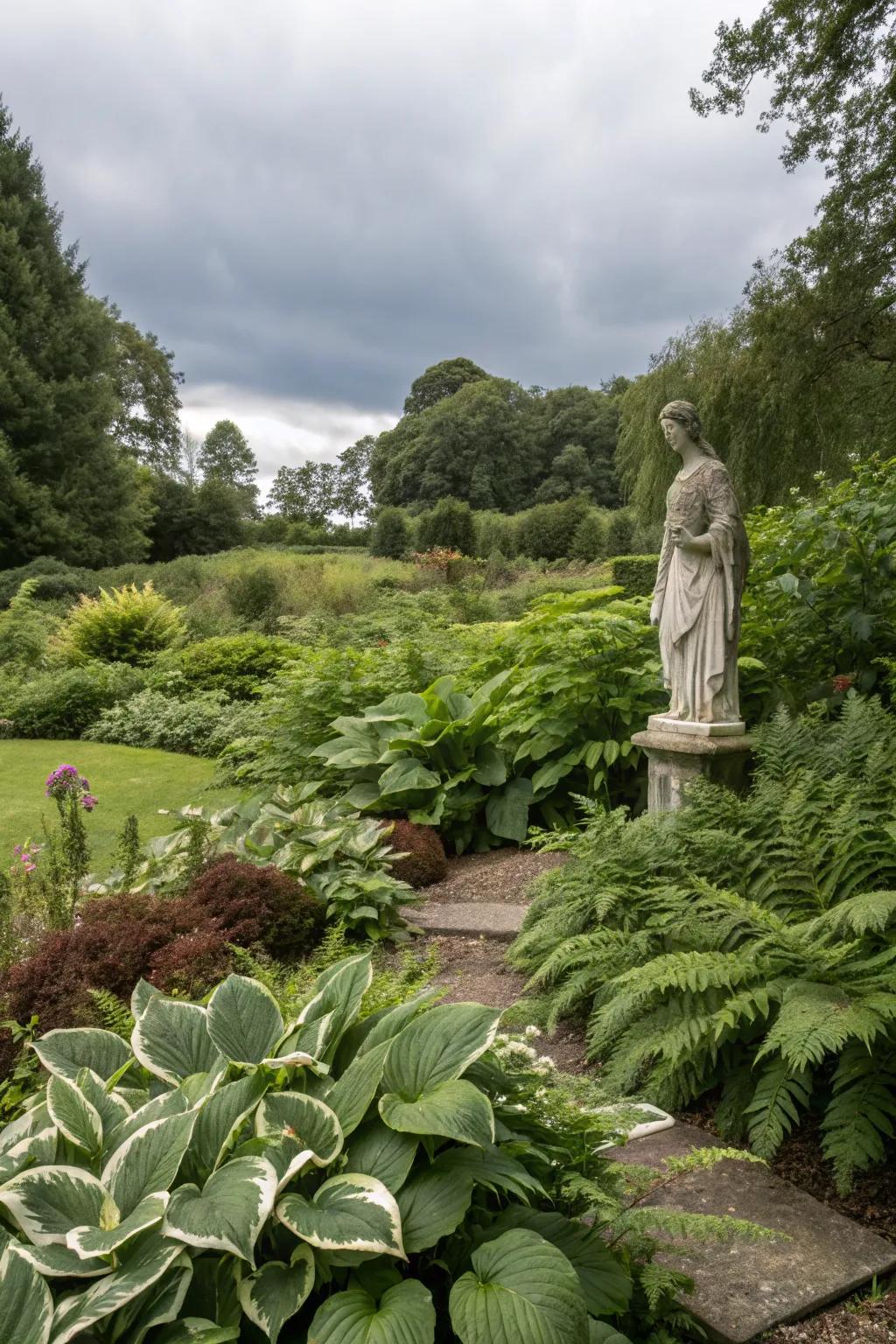 Garden ornaments adding charm among hostas and ferns.