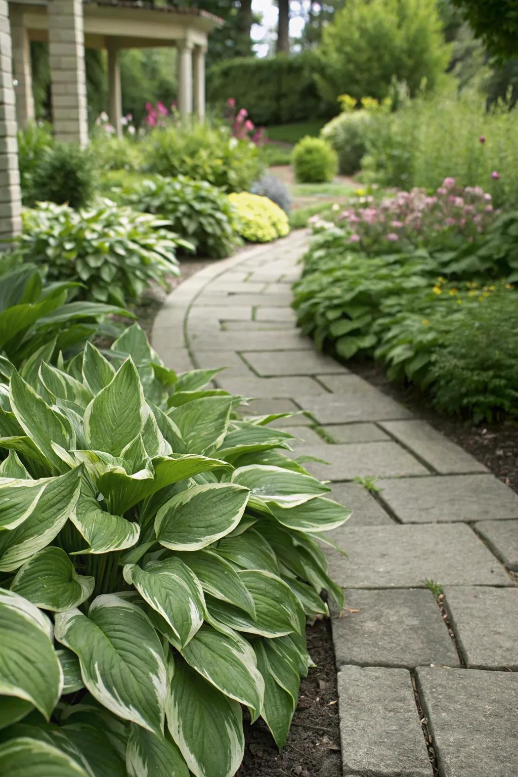 Hostas create a natural and inviting edge along garden pathways.