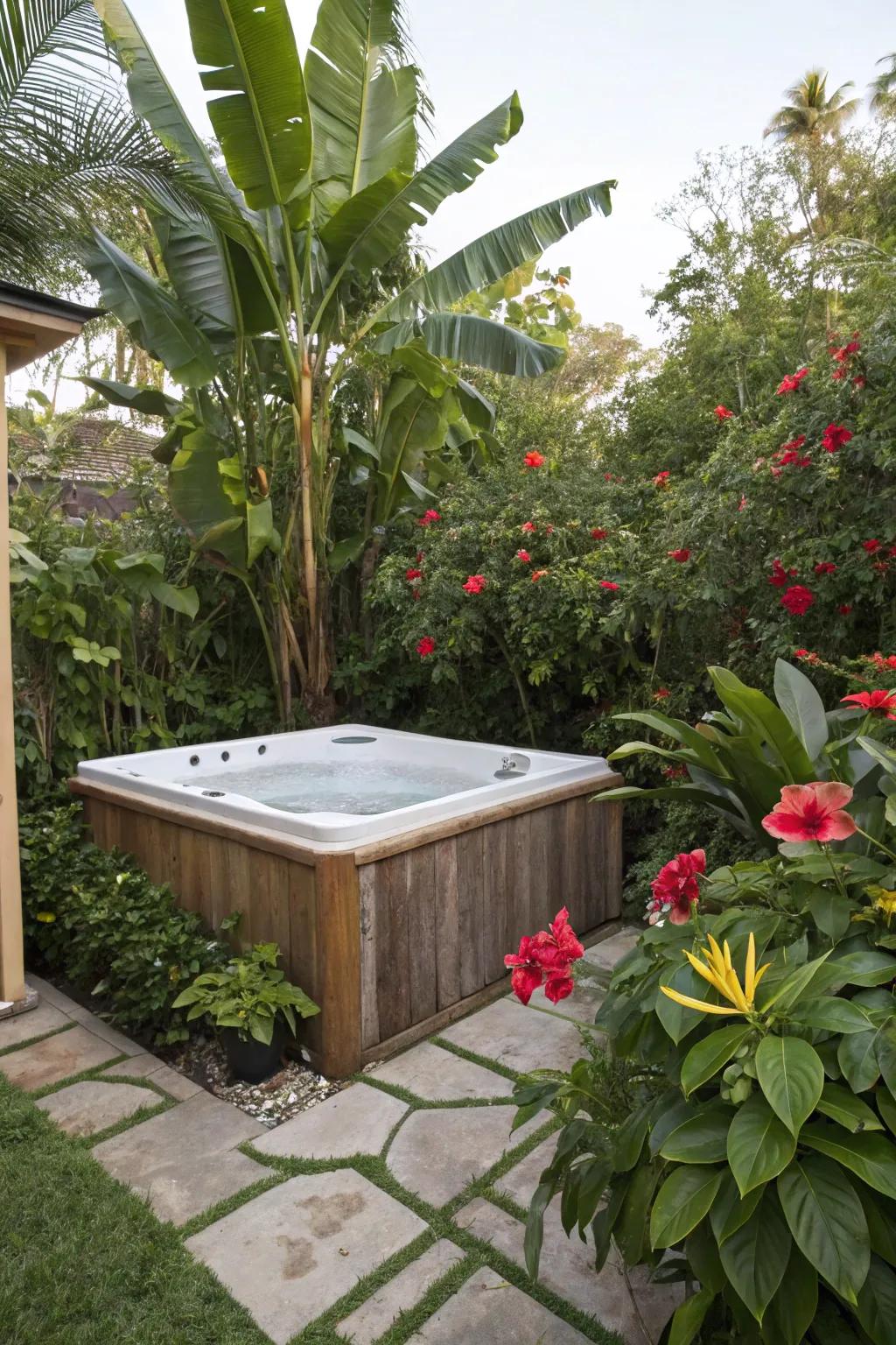 Tropical plants add an exotic vibe to your hot tub area.