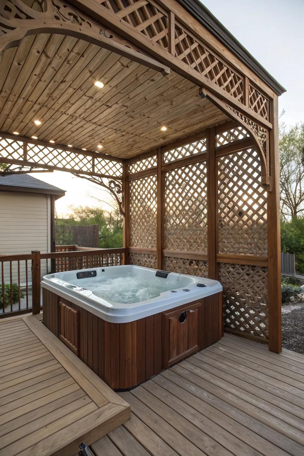 A raised deck provides shade and privacy for this hot tub setup.