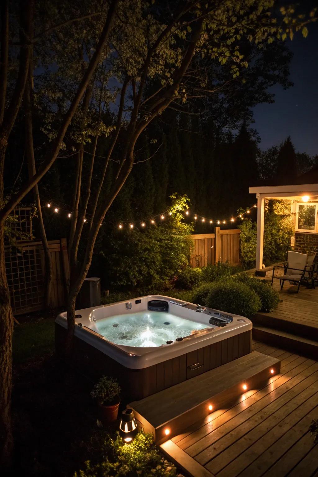 Ambient lighting creates a cozy and intimate hot tub atmosphere.