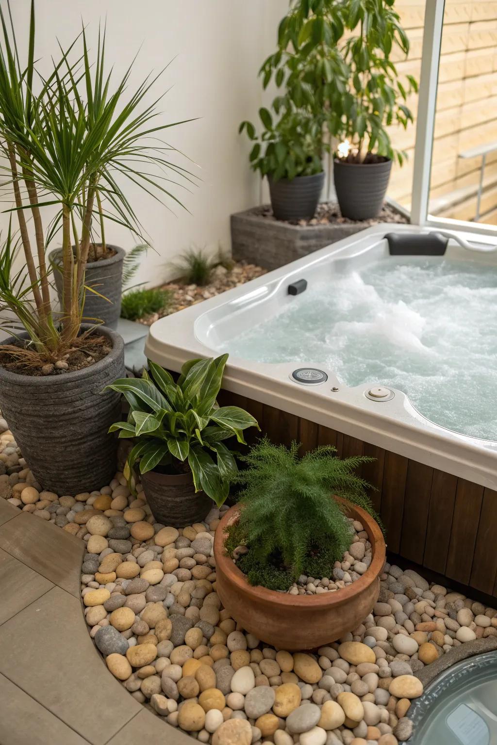 Enhance your hot tub area with beautiful landscaping accents.