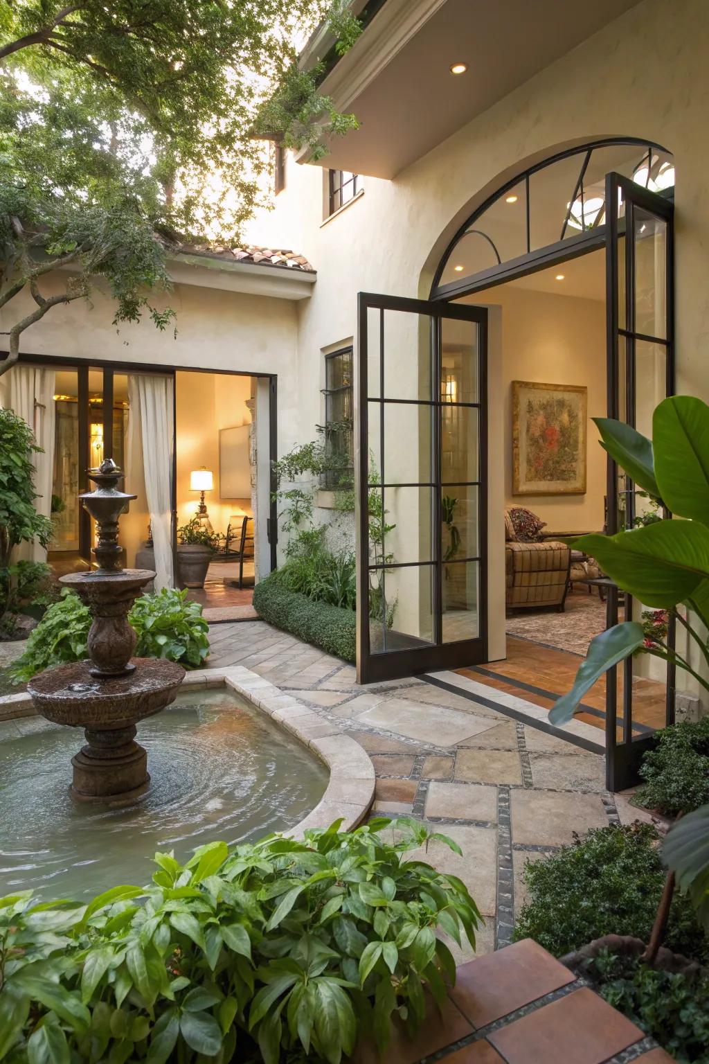 Glass doors create a seamless indoor-outdoor transition.