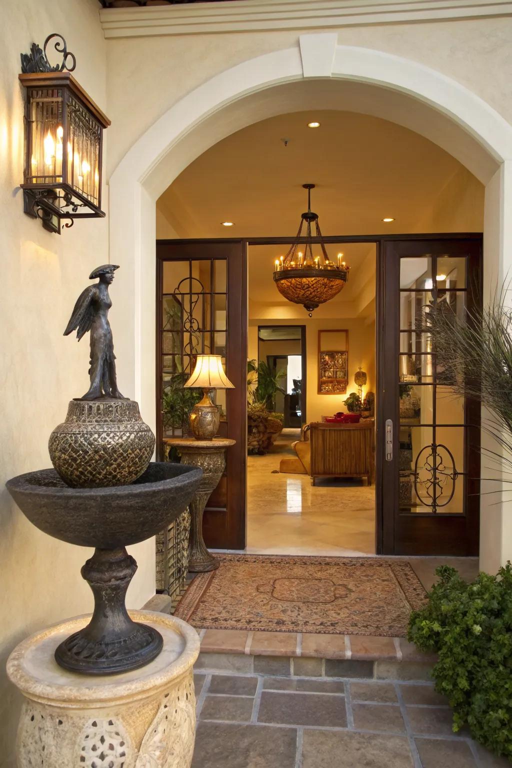 A decorative sculpture and bowl add unique charm to the entryway.