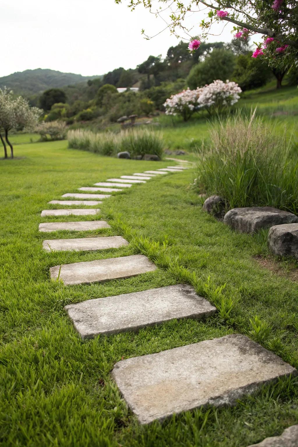 Large stepping stones create a playful and informal pathway through the garden.