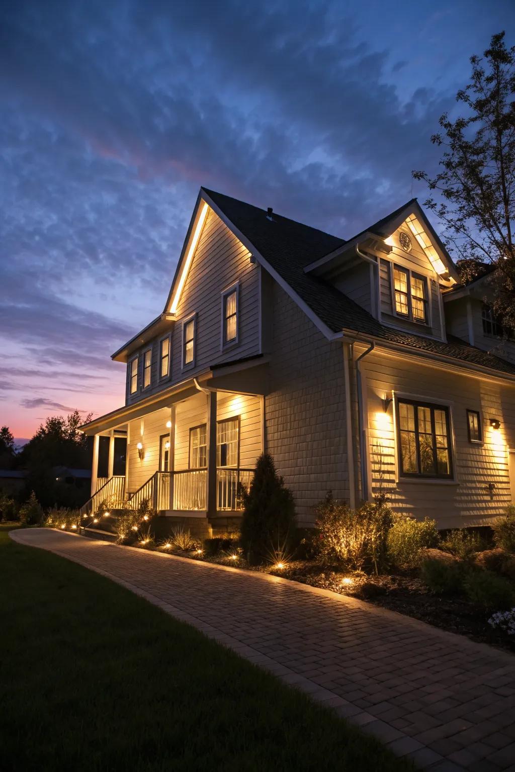 Built-in lighting highlights your home's exterior beautifully at night.