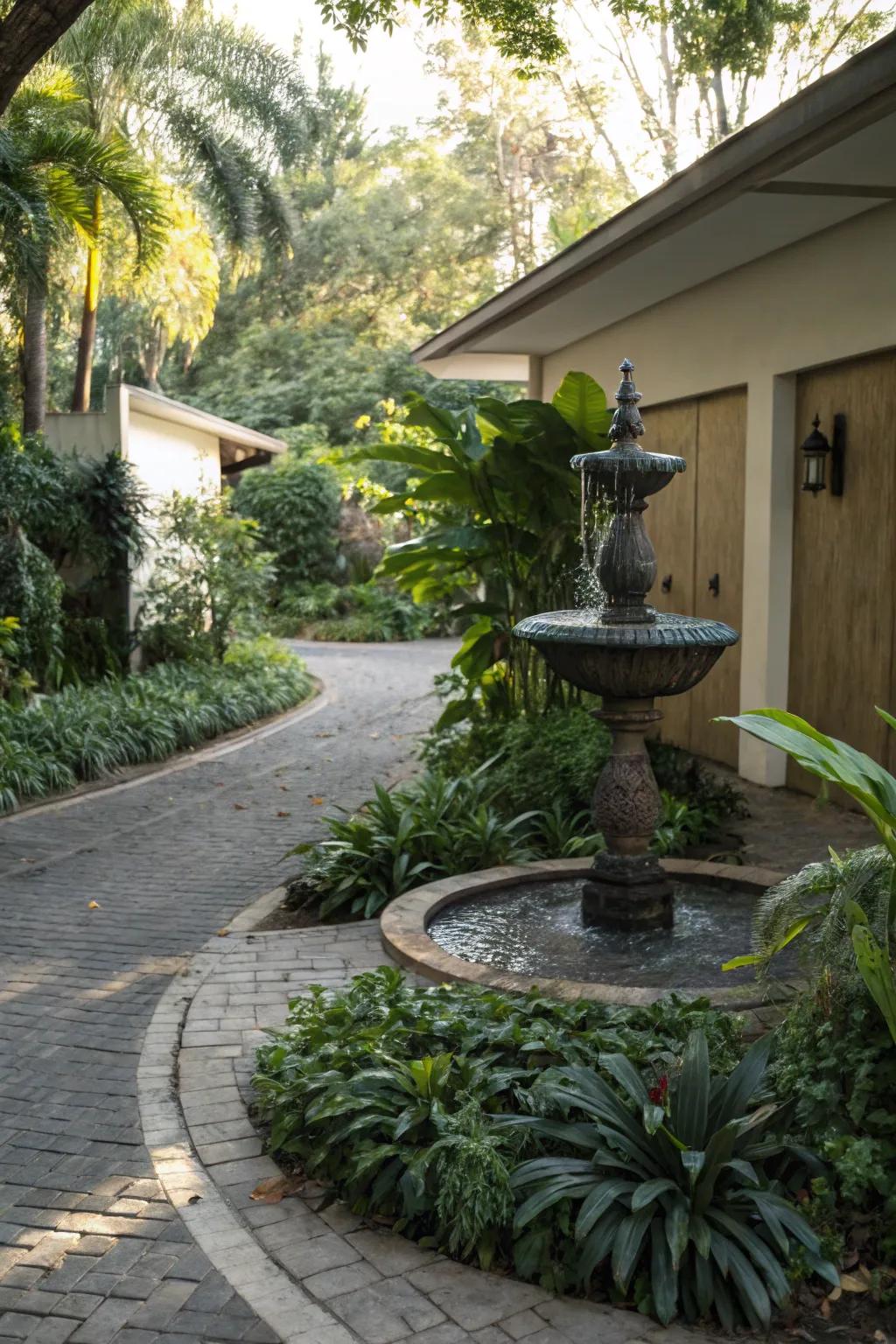 A serene water feature enhancing the driveway's elegance.