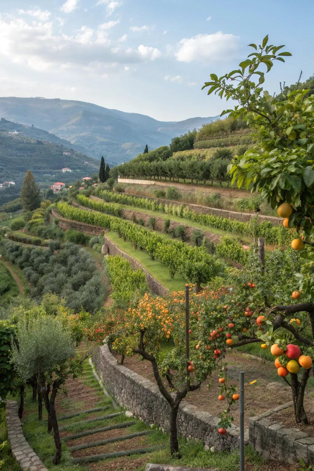 A terraced orchard utilizing garden slopes effectively