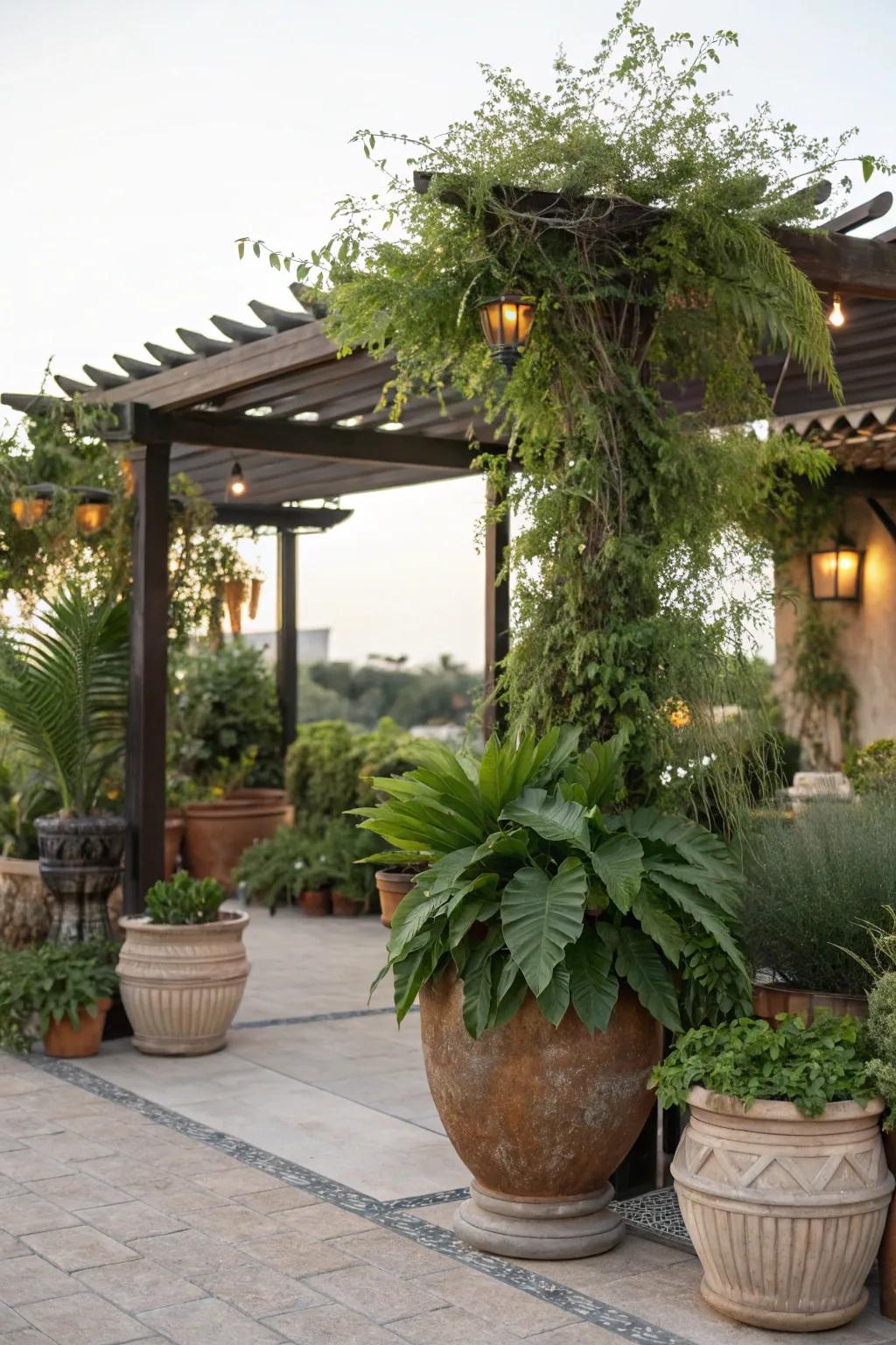 Potted plants provide a lush, vibrant atmosphere.