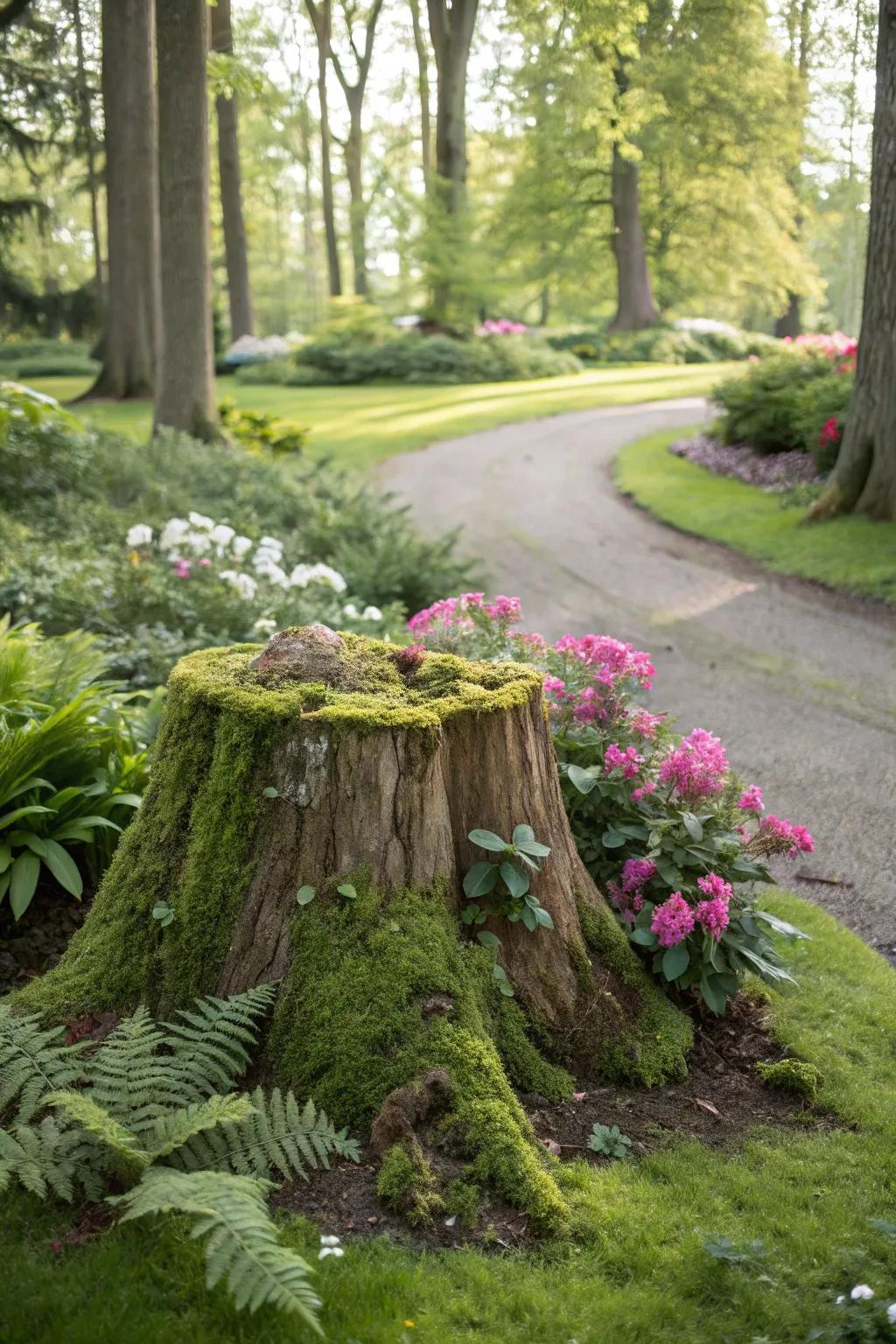 Achieve a natural look with a moss-covered tree stump.
