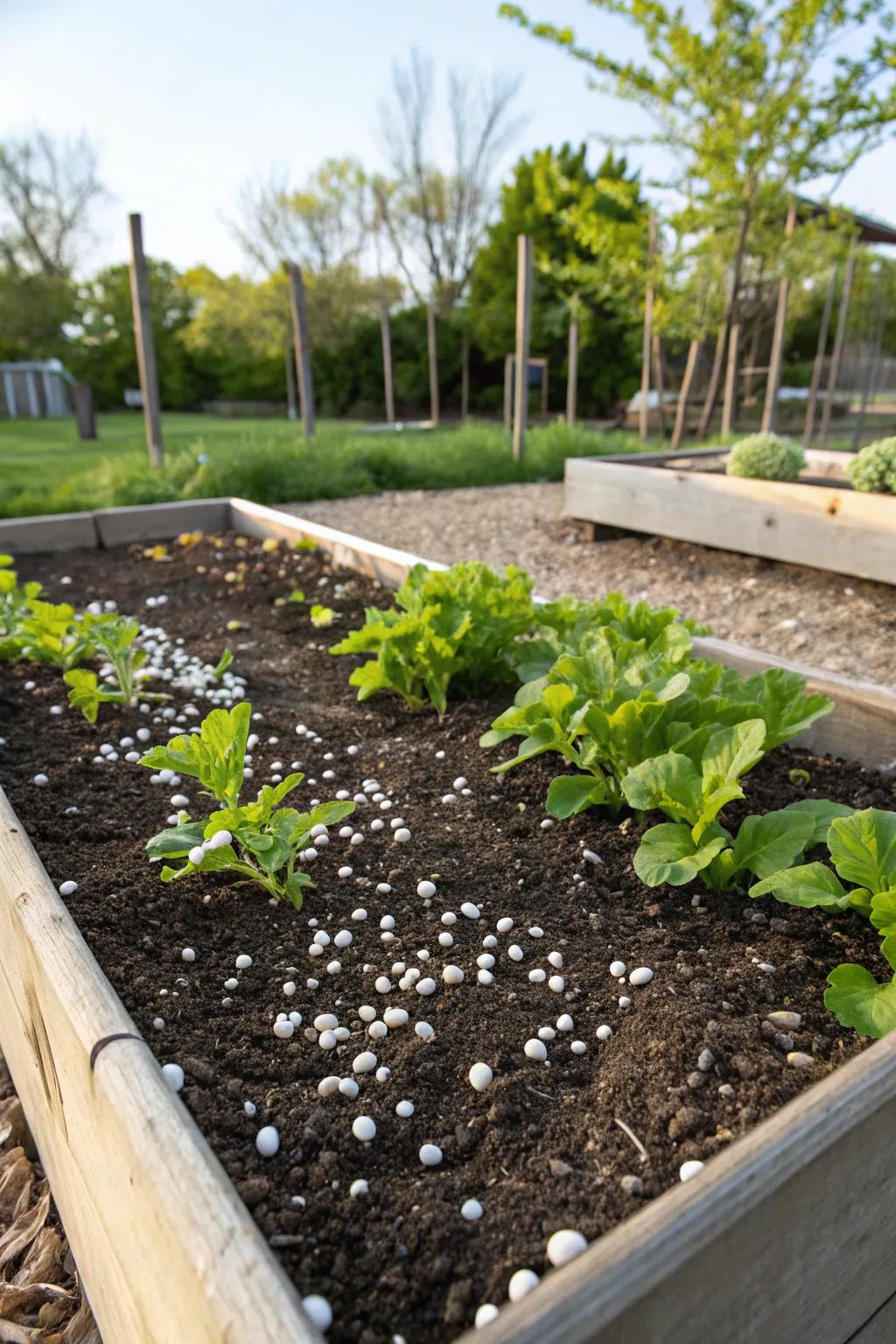 Eggshells providing calcium in a raised garden bed.