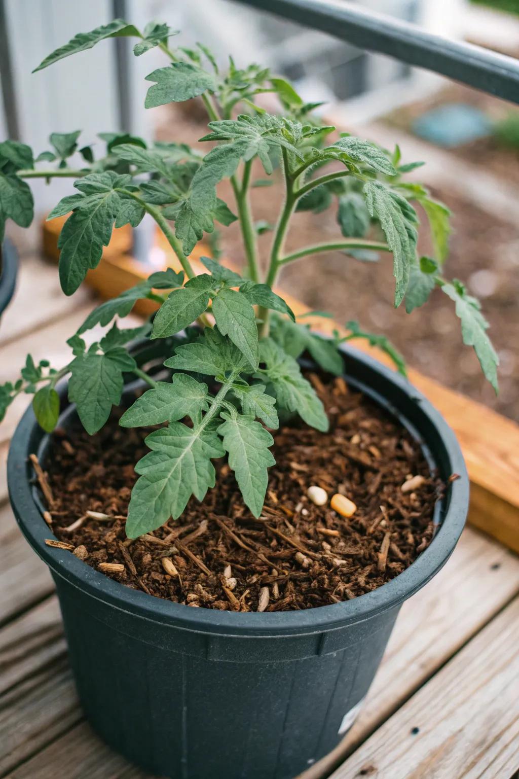 Mulching helps maintain moisture and prevent weeds in potted tomatoes.