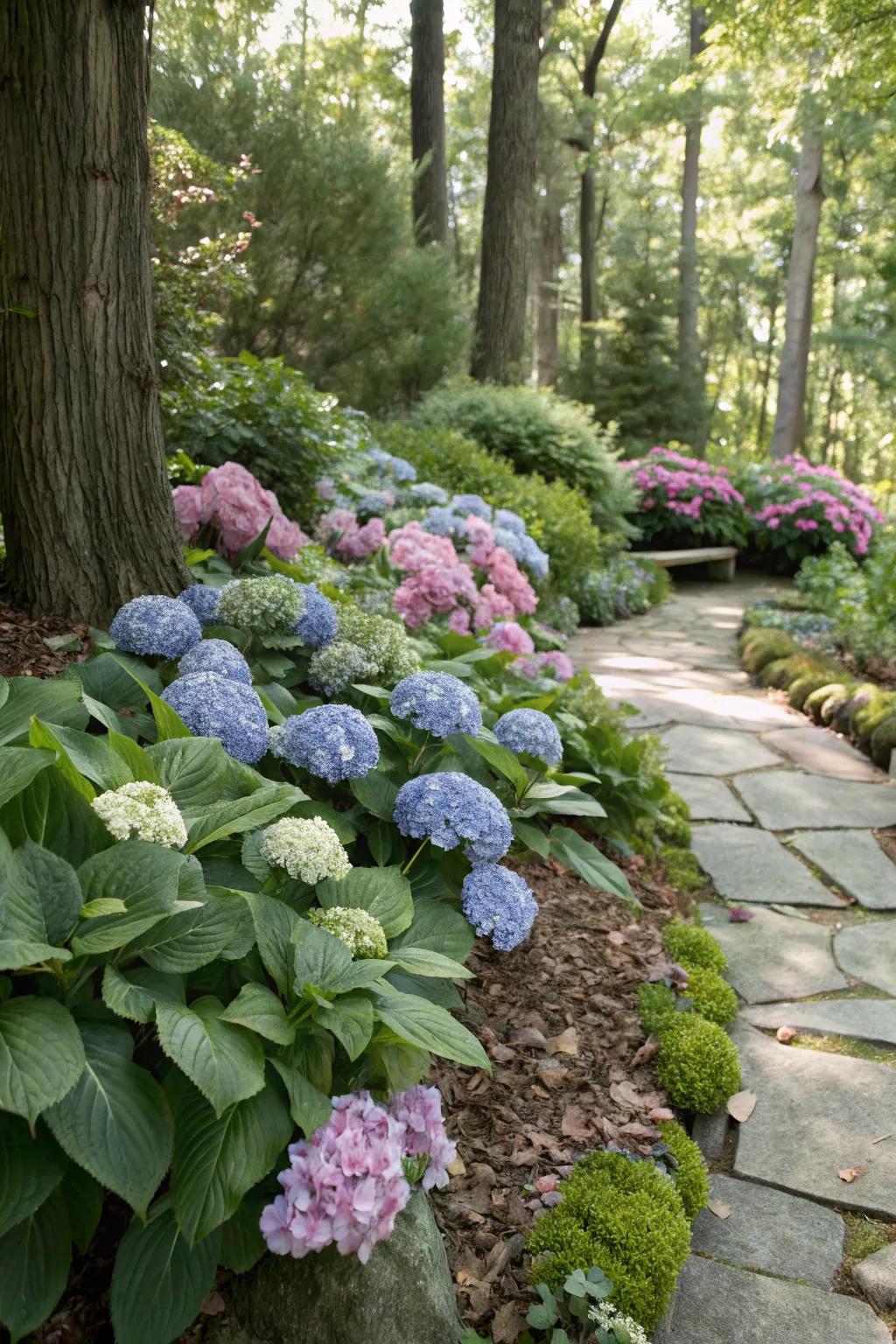 Hydrangeas and hostas create a harmonious and lush shaded garden bed.