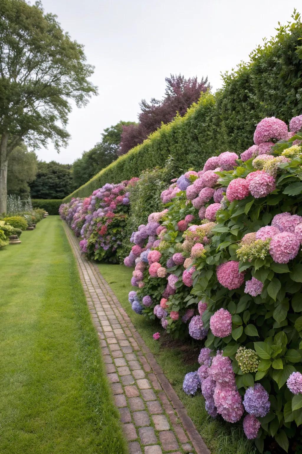 A hydrangea hedge offers both privacy and stunning blooms.