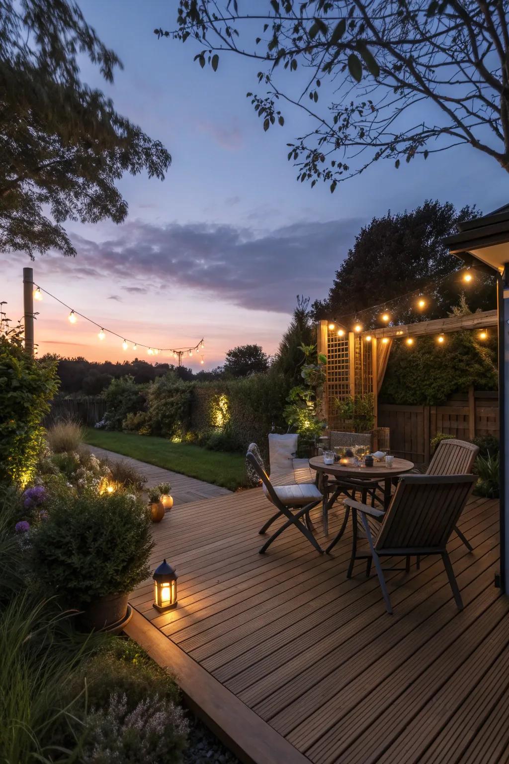 A beautifully lit garden deck perfect for evening gatherings.