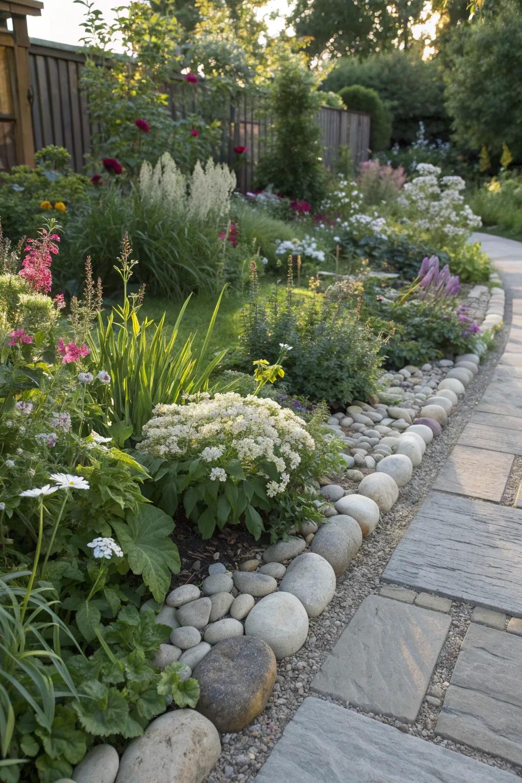 Tumbled stone edging offers a soft, flowing appearance.