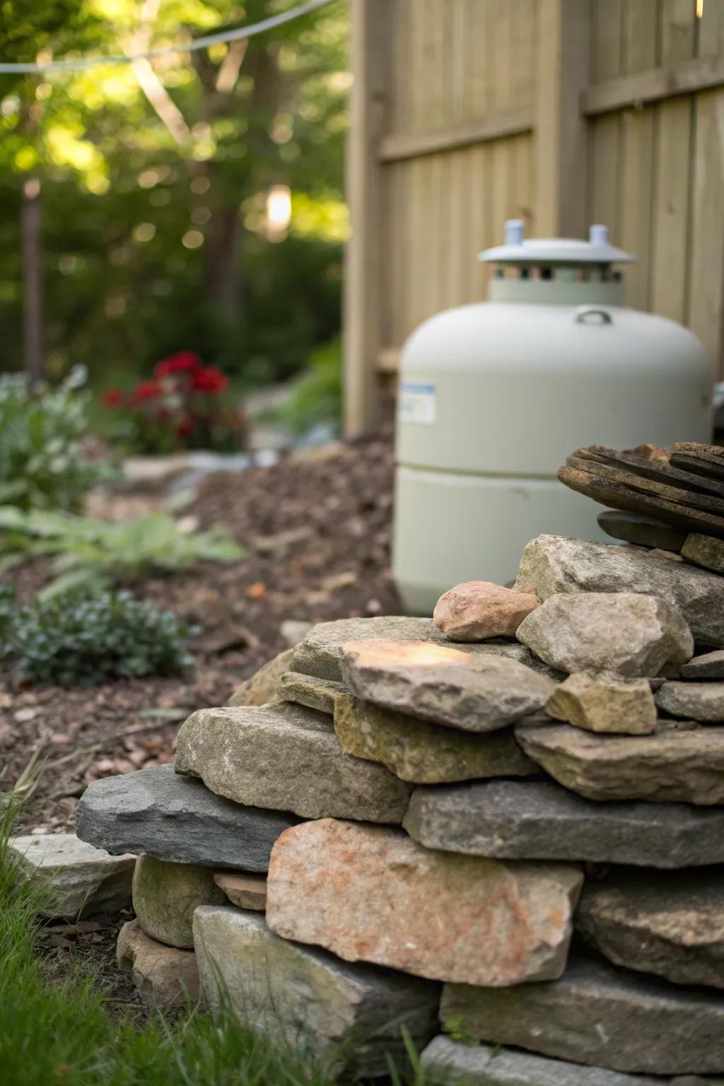 Natural stone arrangements transform your propane tank into an earthy feature.