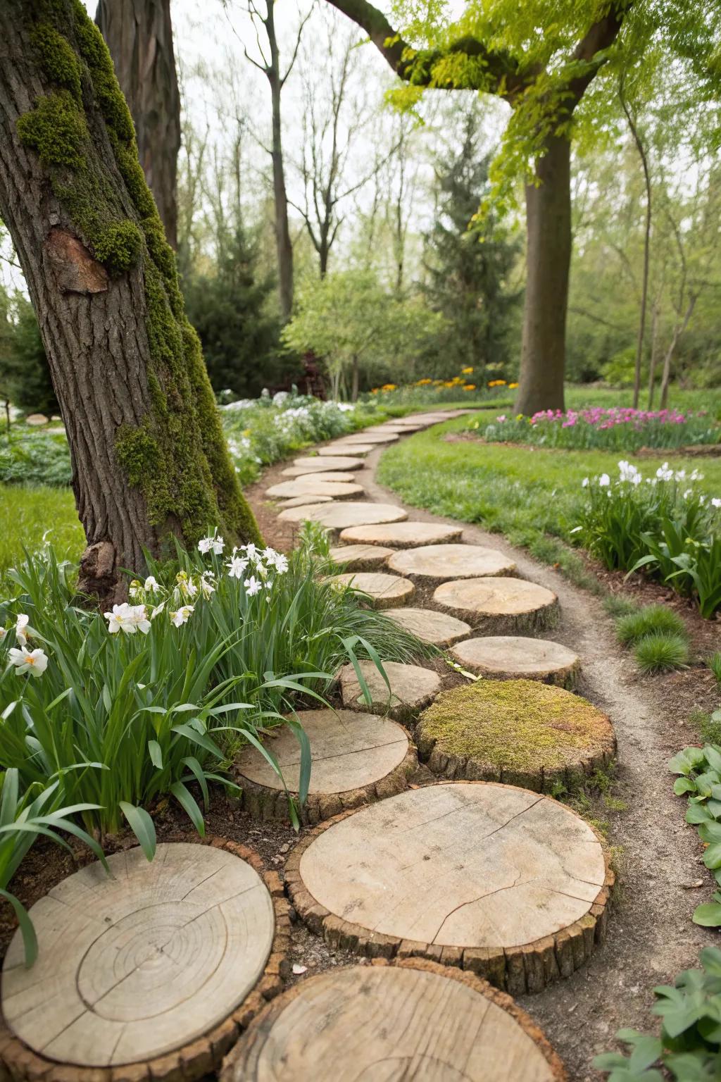A unique pathway made from tree stump slices.