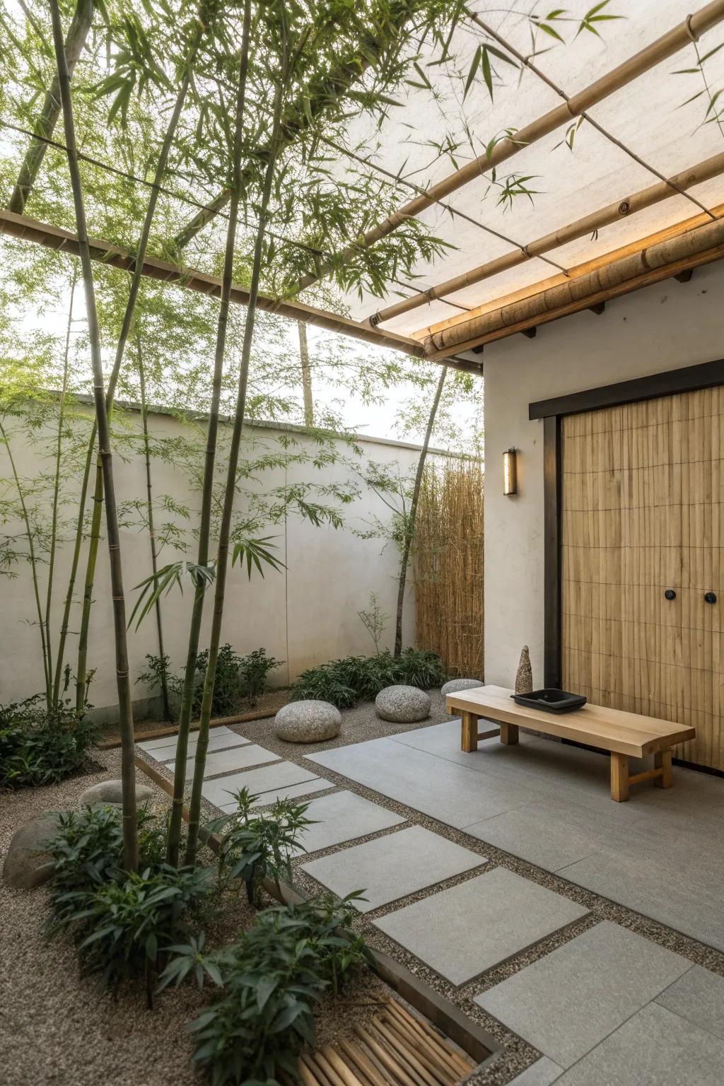 A calming Zen patio with bamboo and minimalist decor.