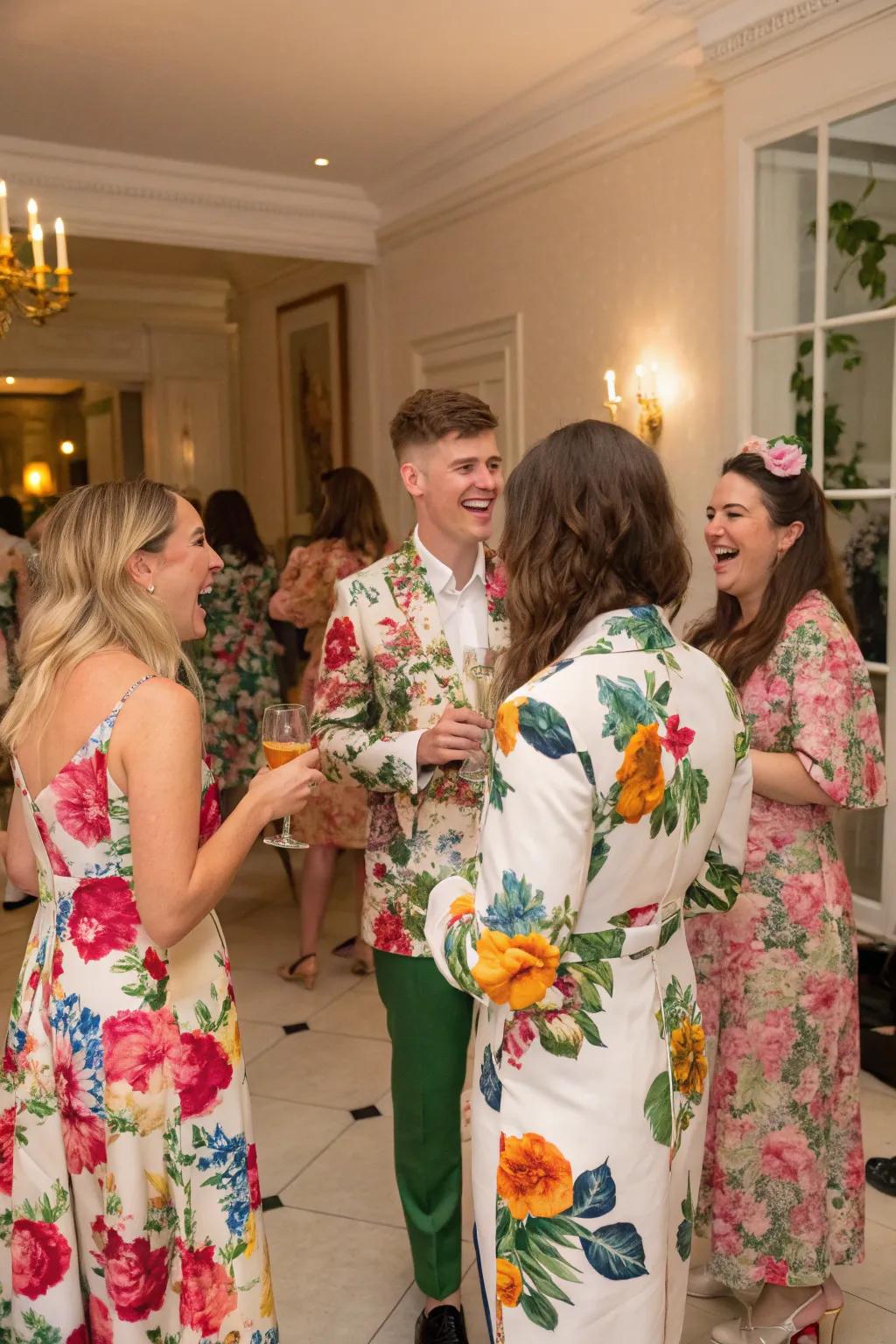 Guests dress in floral and earthy tones to match the garden theme.