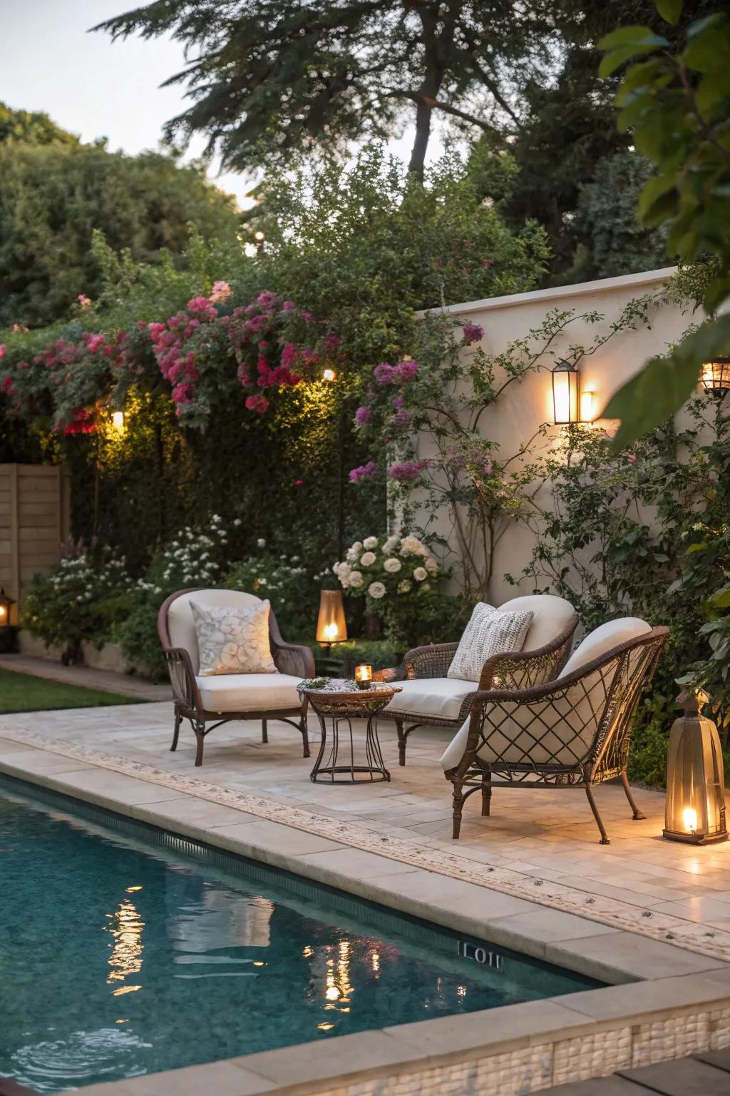 Elegant patio setup next to a swimming pool