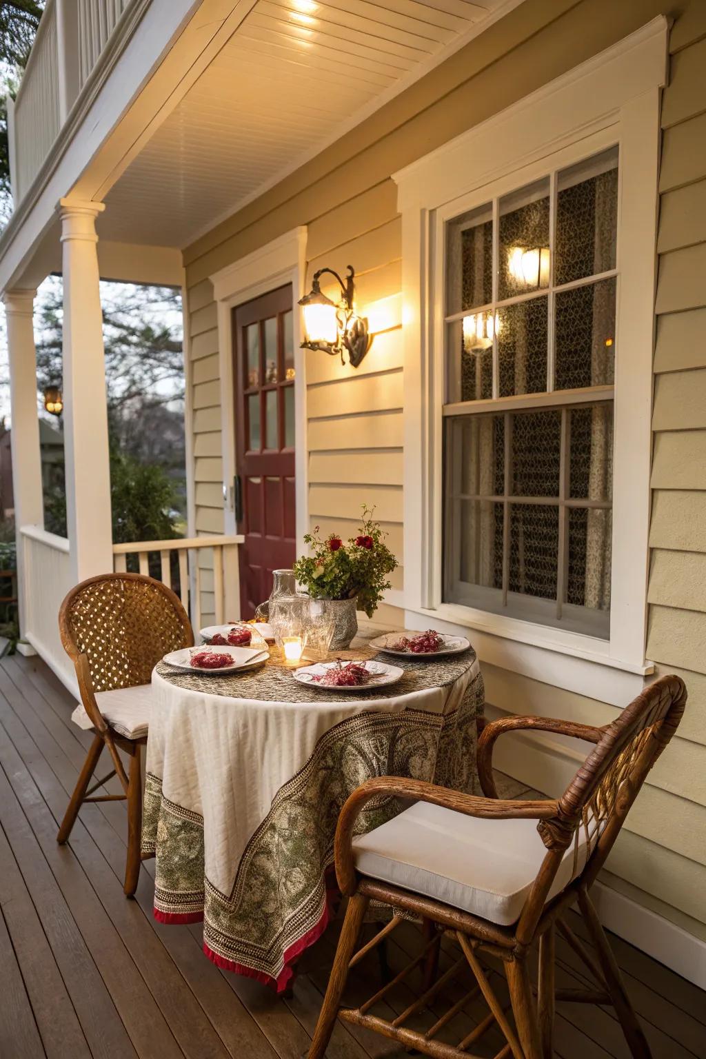 A dining nook on your porch makes for delightful meals in a cozy setting.