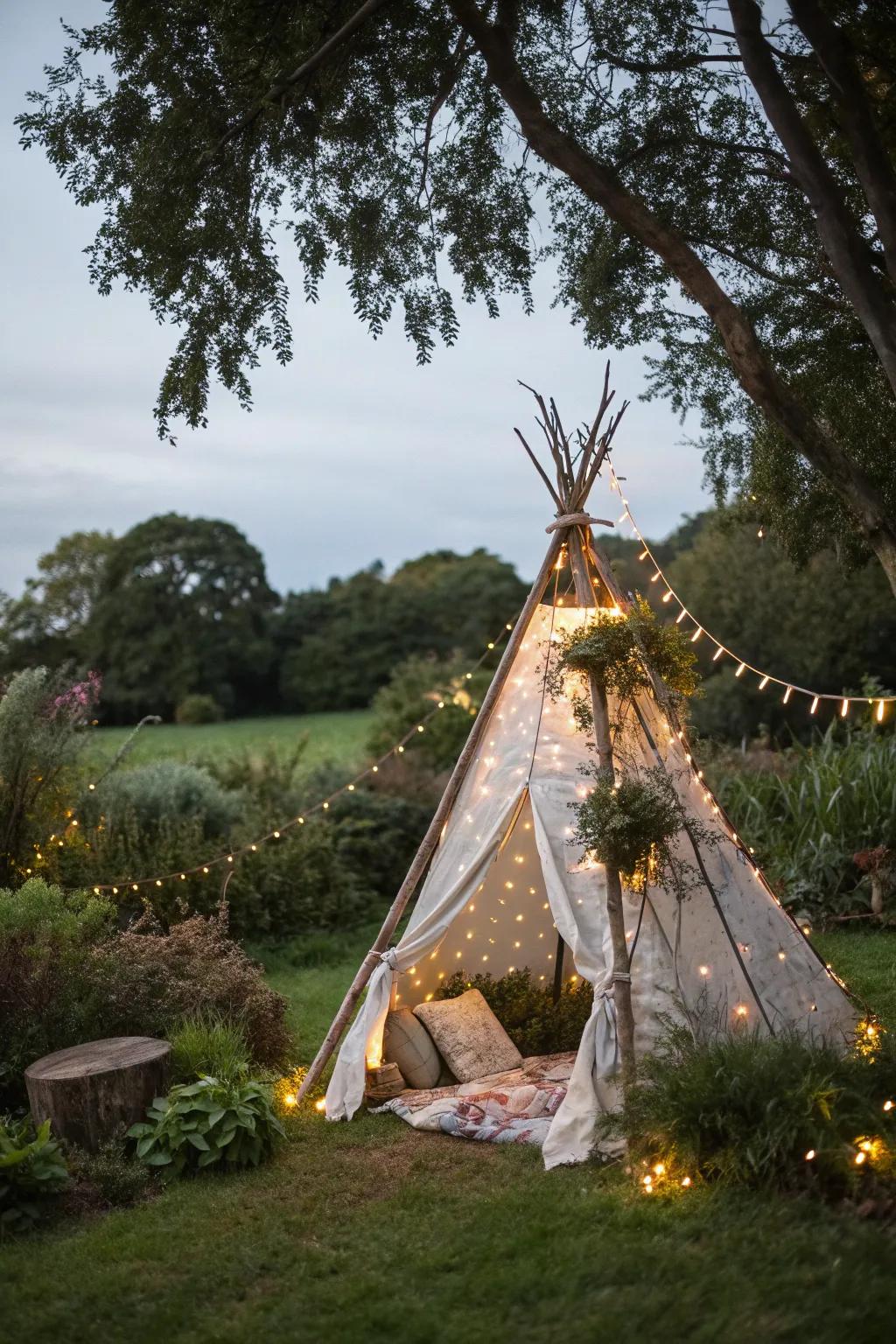A natural teepee creates a whimsical hideaway.