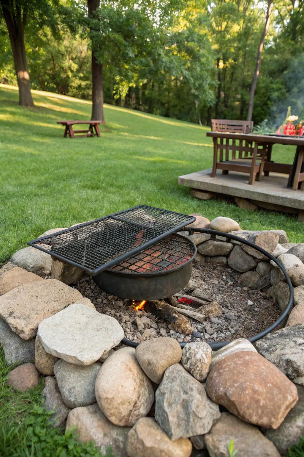 Turn your fire pit into a dual-purpose grilling station.