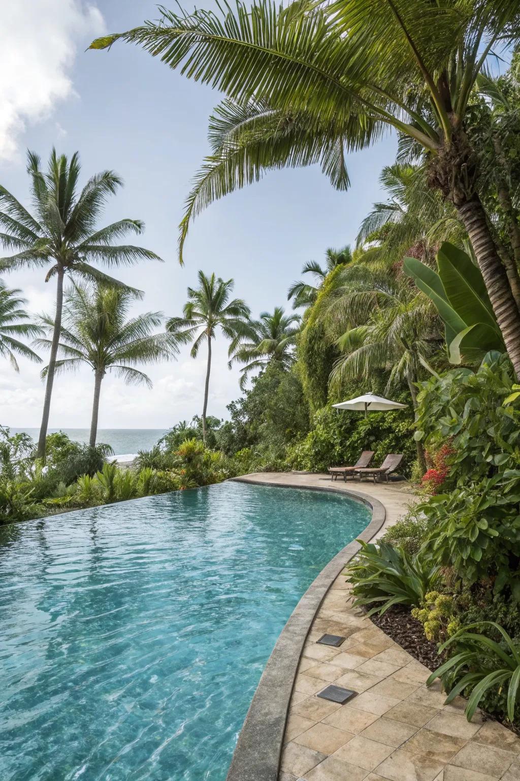 Escape to a tropical paradise with lush poolside landscaping.