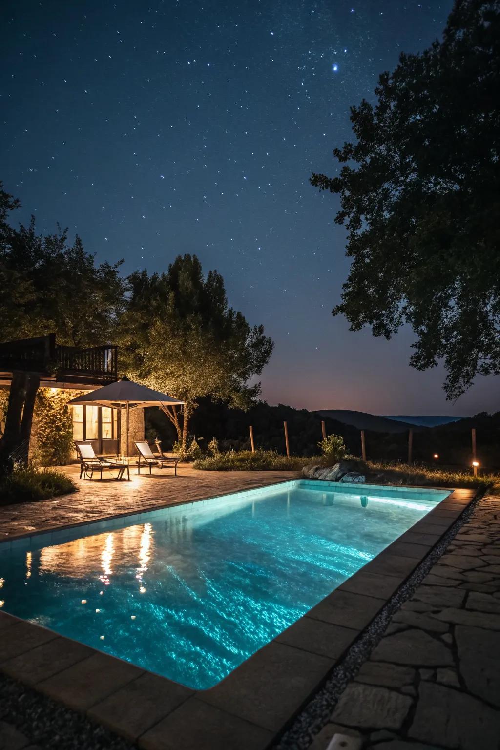 An enchanting inground pool illuminated with strategic lighting for nighttime enjoyment.