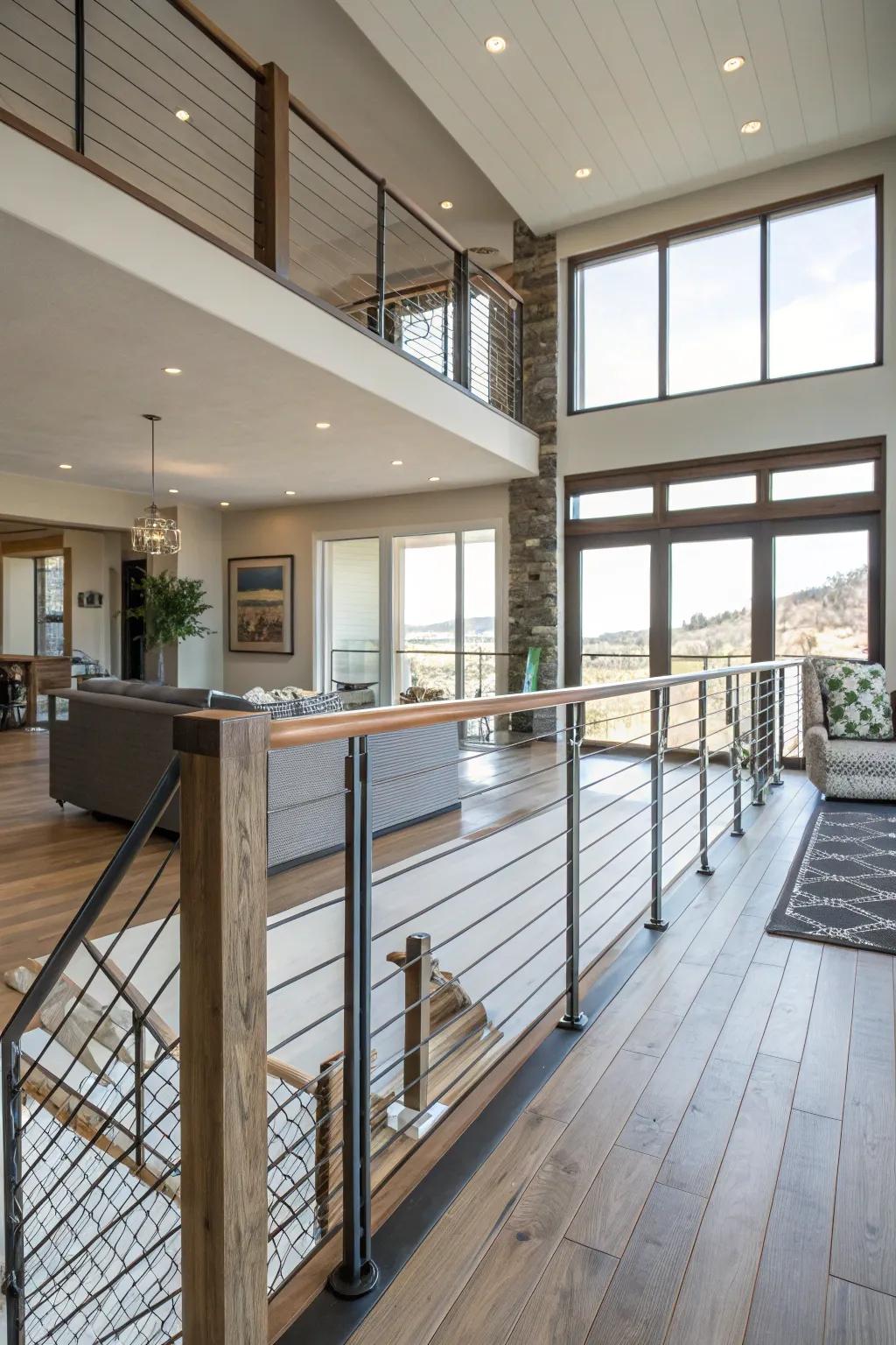 Cable railings provide a modern twist, ideal for sleek, minimalist spaces.